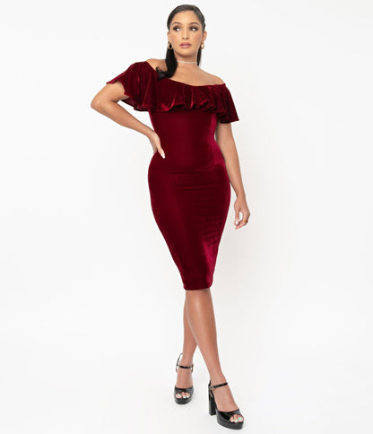 Unique Vintage 1950s Burgundy Red Velvet Sophia Wiggle Dress - Unique Vintage - Womens, DRESSES, WIGGLE