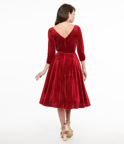 Unique Vintage 1950s Burgundy Textured Velvet Devon Swing Dress - Unique Vintage - Womens, DRESSES, SWING