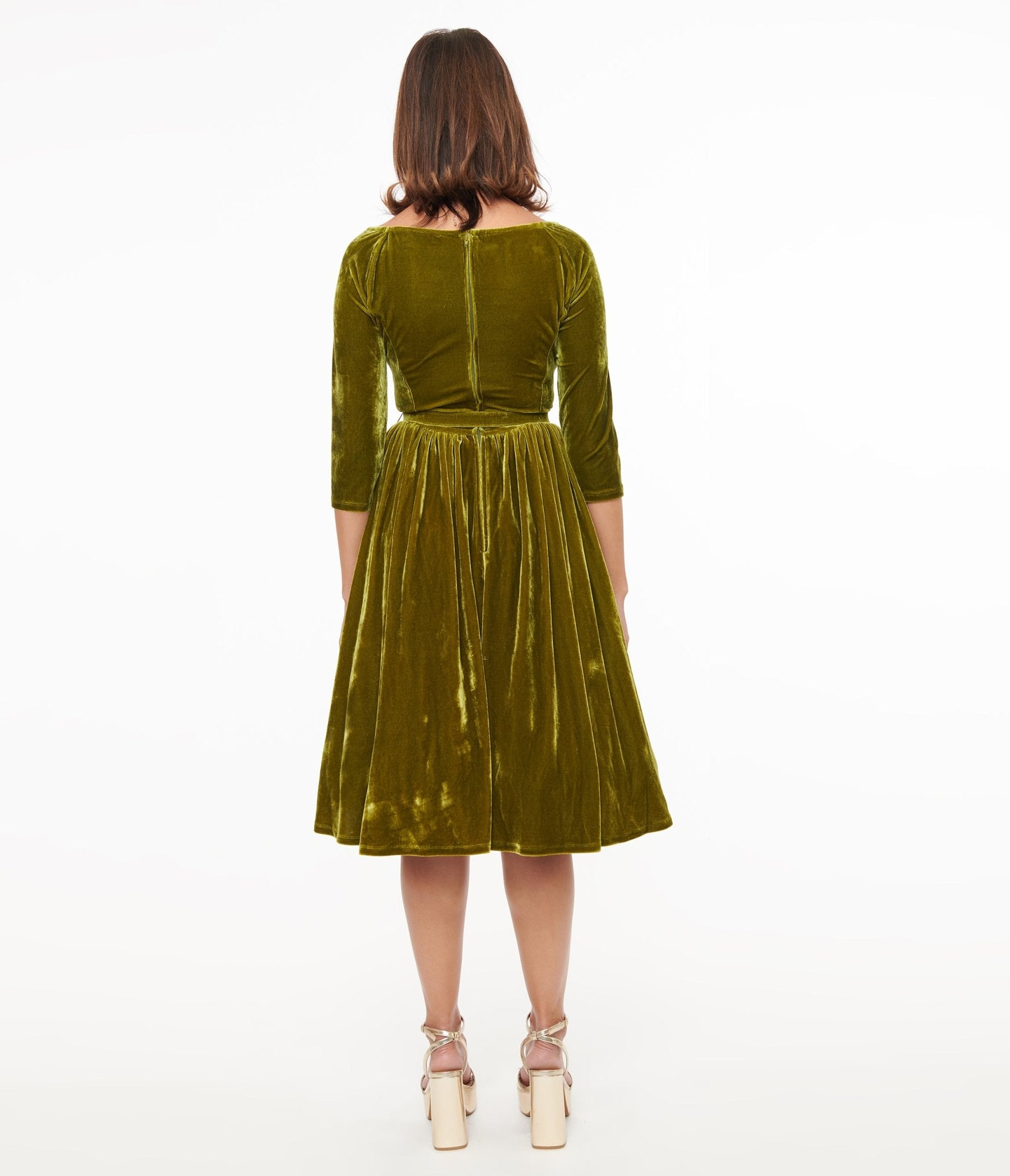 Unique Vintage 1950s Chartreuse Velvet Sweetheart Swing Dress - Unique Vintage - Womens, DRESSES, SWING