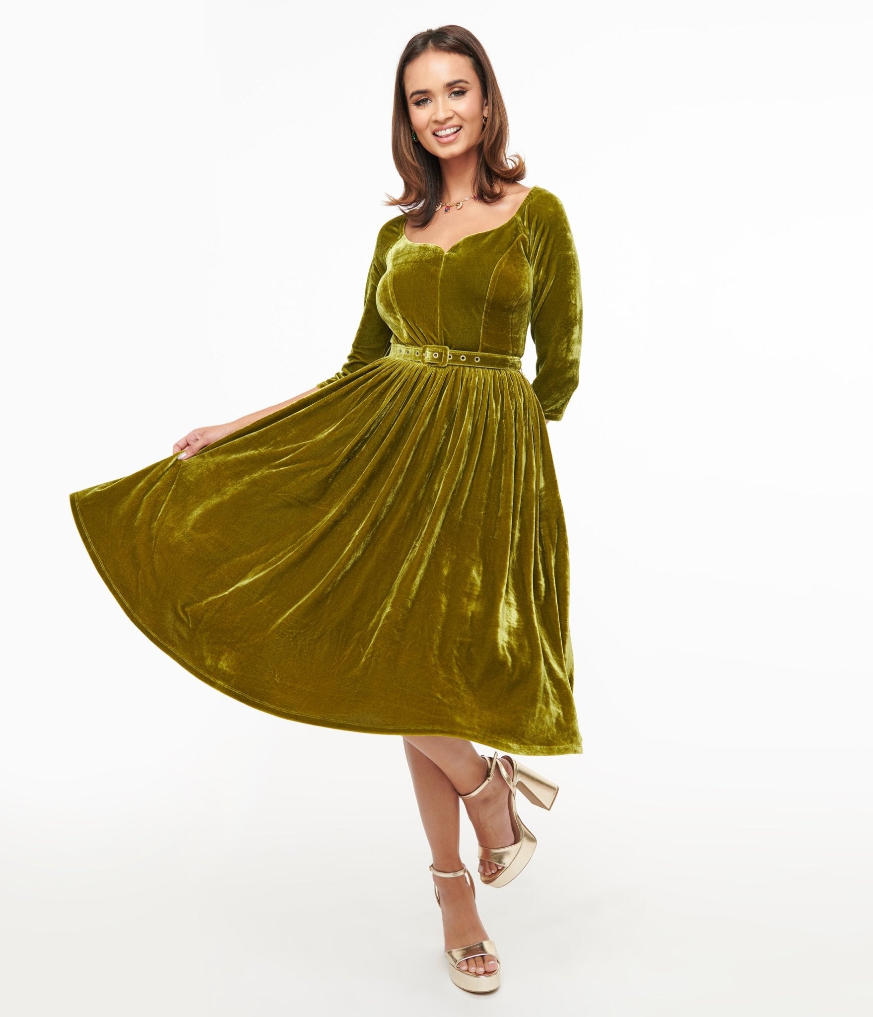 Unique Vintage 1950s Chartreuse Velvet Sweetheart Swing Dress - Unique Vintage - Womens, DRESSES, SWING