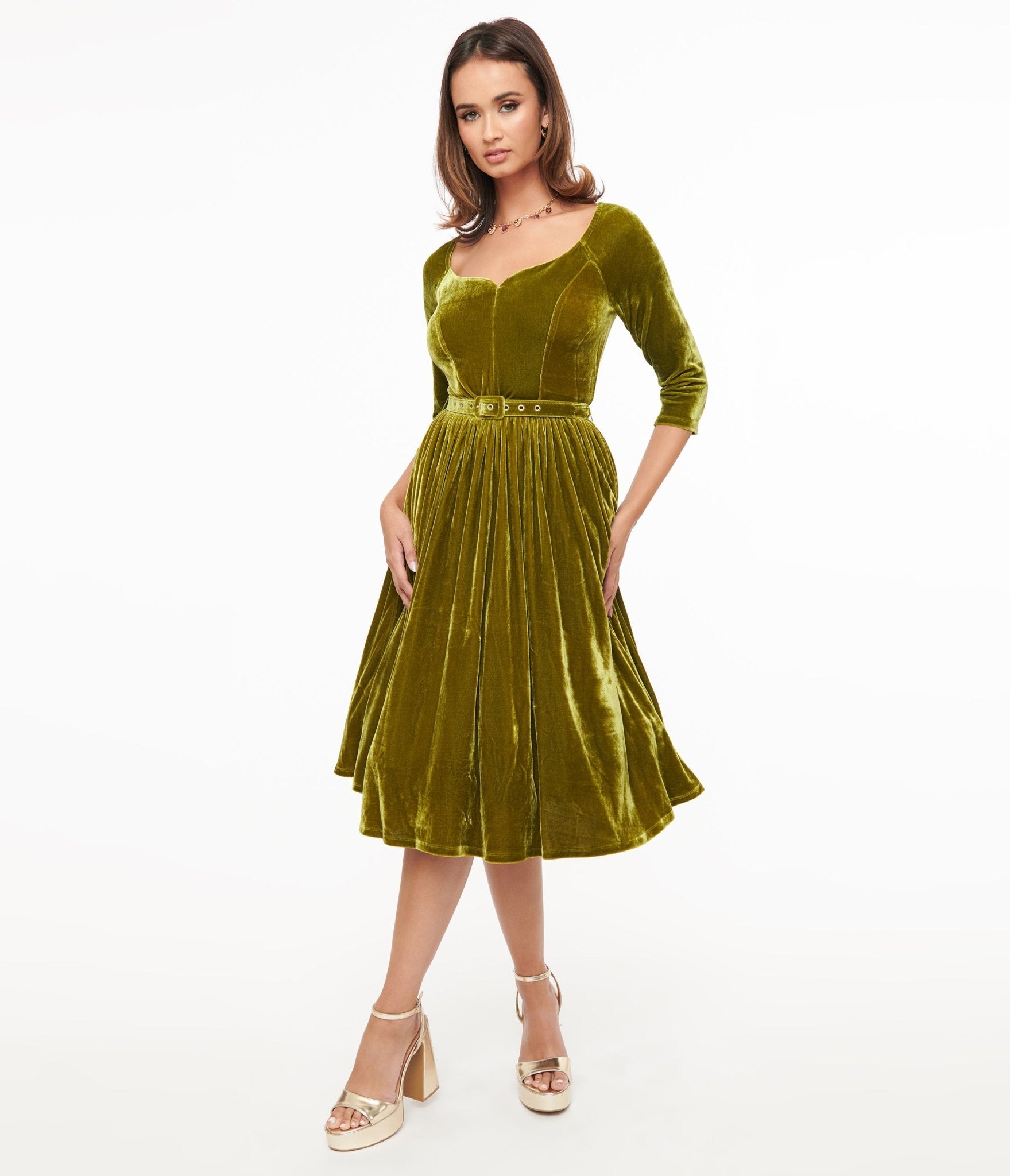 Unique Vintage 1950s Chartreuse Velvet Sweetheart Swing Dress - Unique Vintage - Womens, DRESSES, SWING