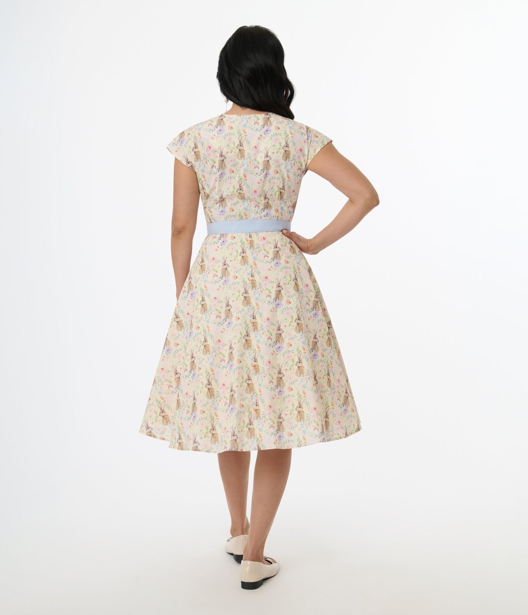 Unique Vintage 1950s Cream & Light Blue Bunny Rabbit Print Hedda Swing Dress - Unique Vintage - Womens, DRESSES, SWING