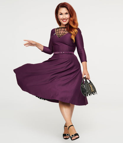 Unique Vintage 1950s Eggplant & Black Spiderweb Devon Swing Dress - Unique Vintage - Womens, HALLOWEEN, DRESSES