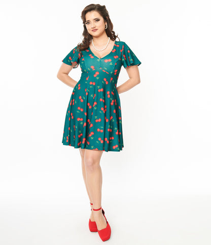 Unique Vintage 1950s Emerald & Cherry Print Poppy Flare Dress - Unique Vintage - Womens, DRESSES, FIT AND FLARE