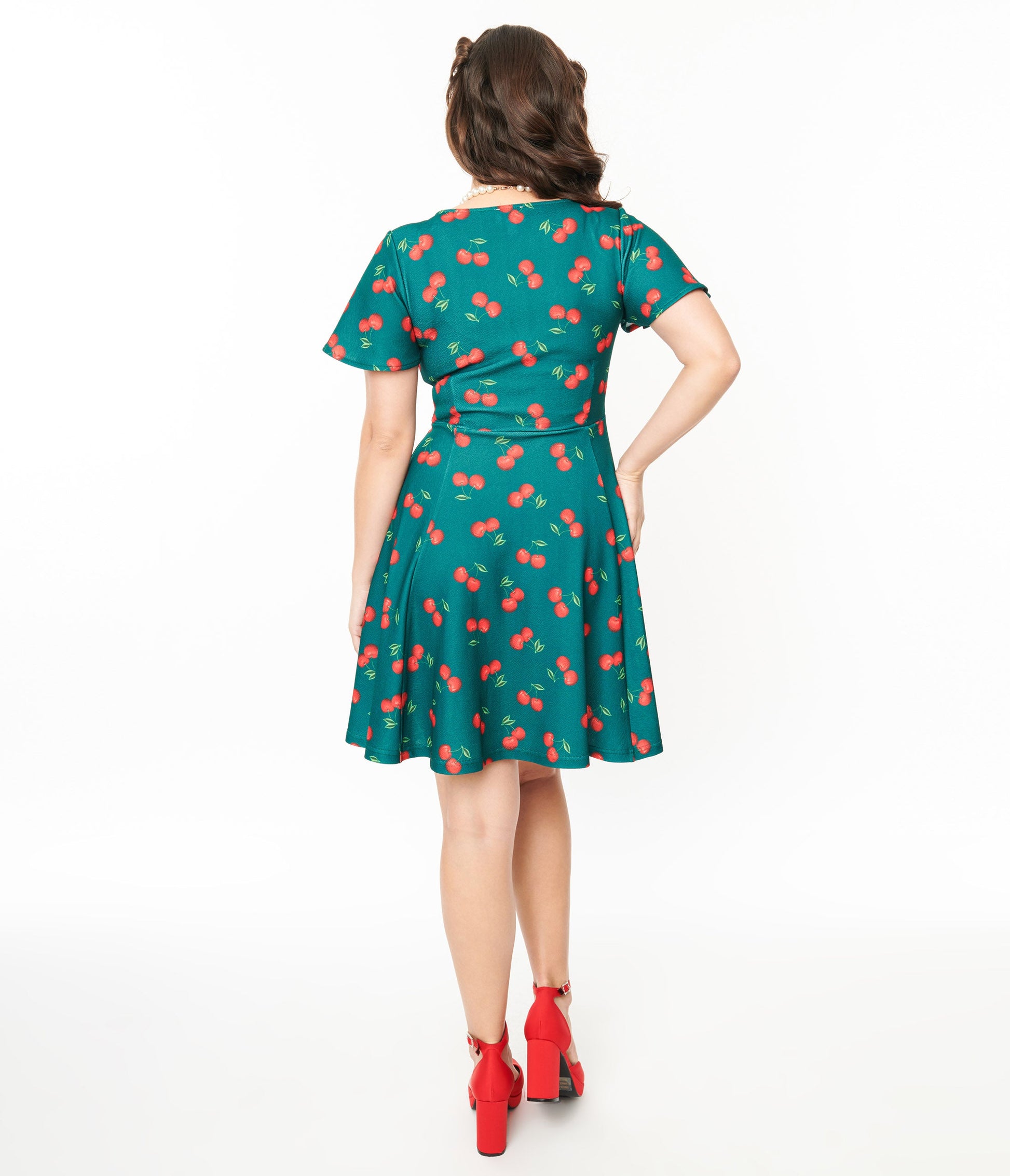 Unique Vintage 1950s Emerald & Cherry Print Poppy Flare Dress - Unique Vintage - Womens, DRESSES, FIT AND FLARE