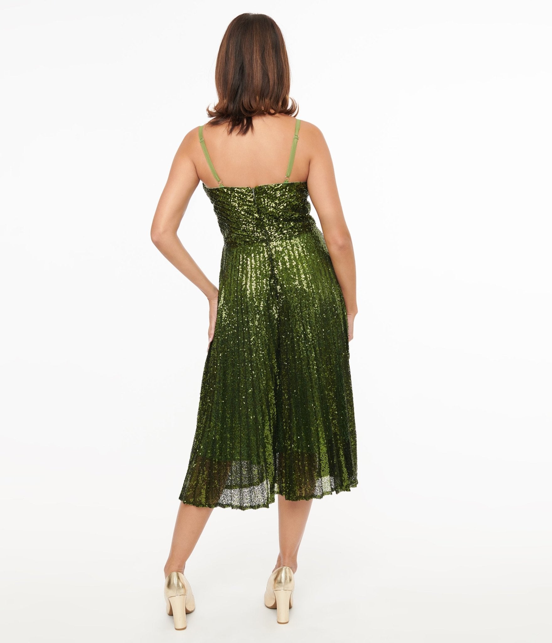 Unique Vintage 1950s Emerald Pleated Sequin Swing Dress - Unique Vintage - Womens, DRESSES, PROM AND SPECIAL OCCASION