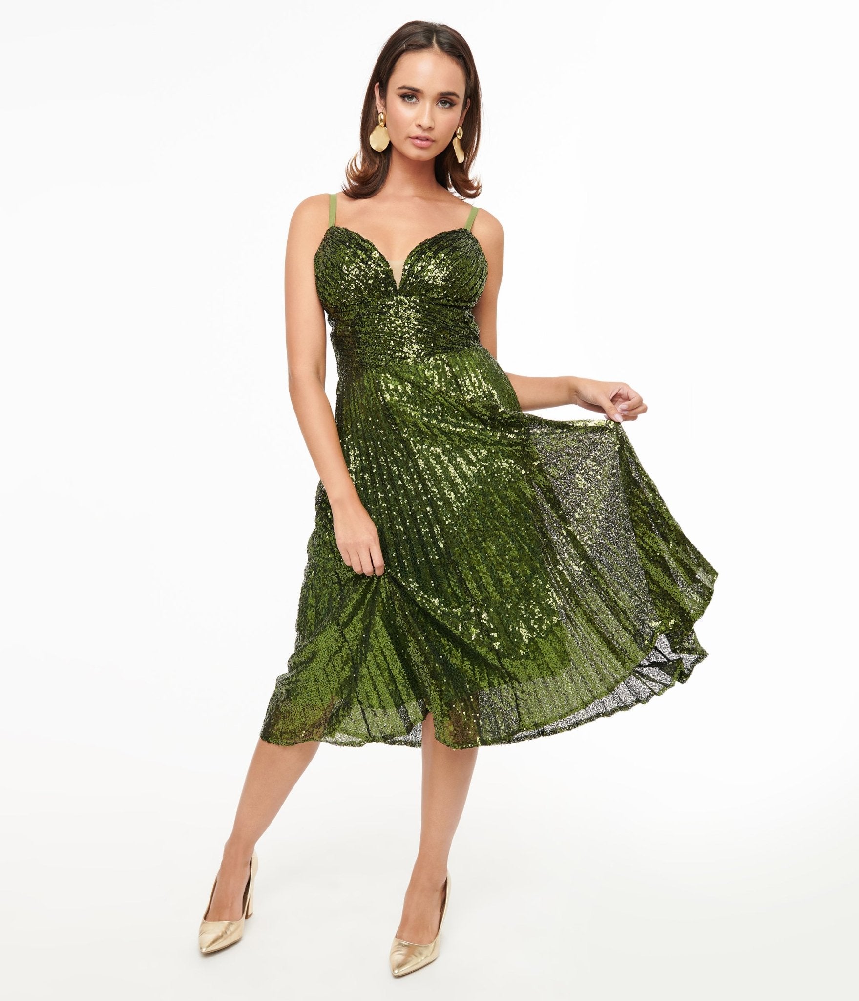 Unique Vintage 1950s Emerald Pleated Sequin Swing Dress - Unique Vintage - Womens, DRESSES, PROM AND SPECIAL OCCASION