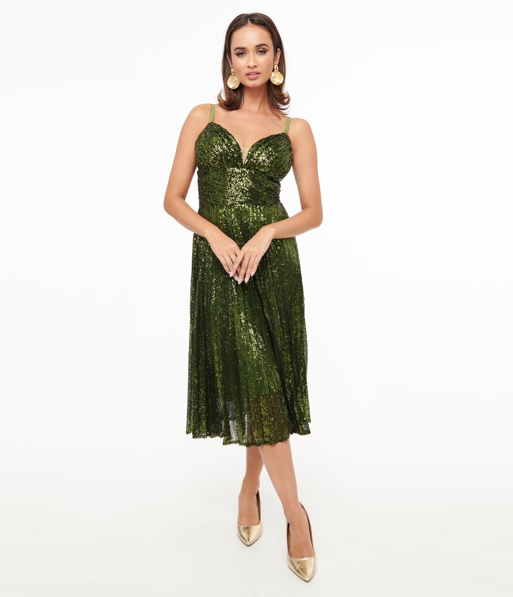 Unique Vintage 1950s Emerald Pleated Sequin Swing Dress - Unique Vintage - Womens, DRESSES, PROM AND SPECIAL OCCASION