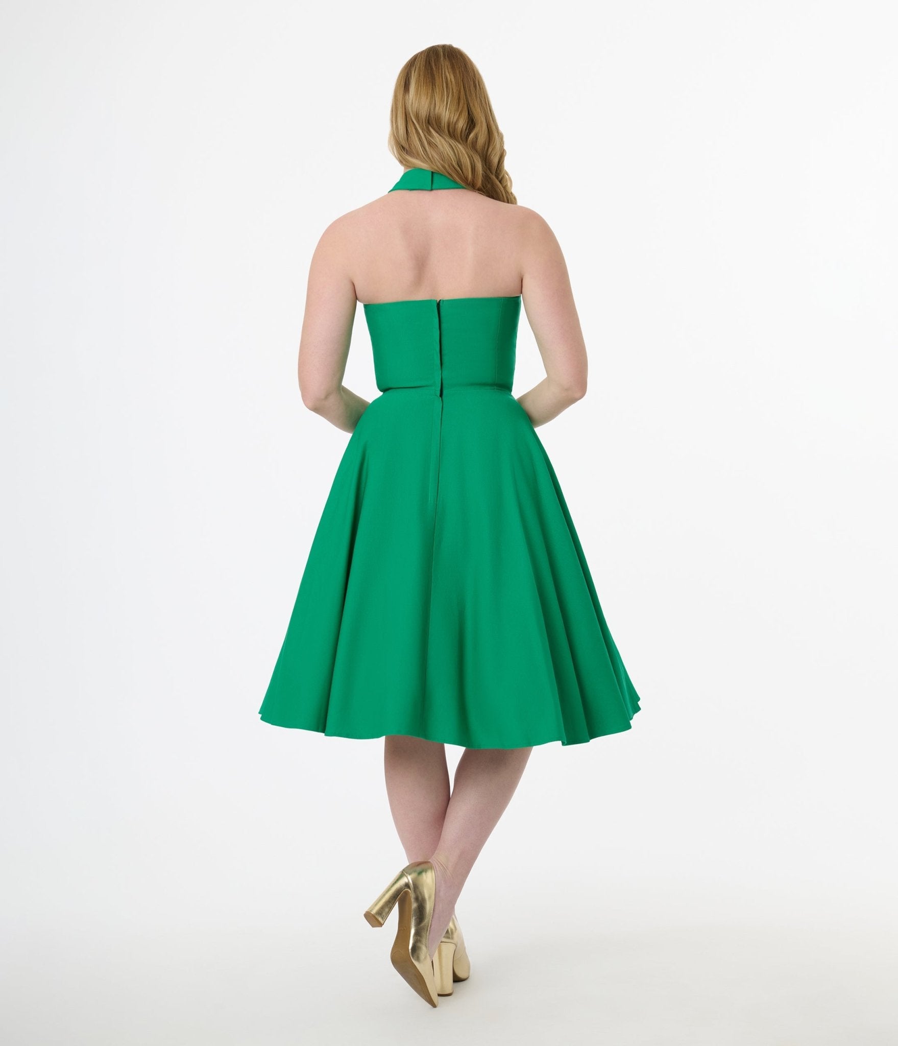 Unique Vintage 1950s Green Criss Cross Halter Rita Flare Dress - Unique Vintage - Womens, DRESSES, SWING