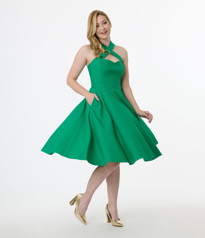 Unique Vintage 1950s Green Criss Cross Halter Rita Flare Dress - Unique Vintage - Womens, DRESSES, SWING