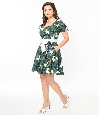 Unique Vintage 1950s Green Leaf & Llama Print Cotton Dakota Flare Dress - Unique Vintage - Womens, DRESSES, FIT AND FLARE