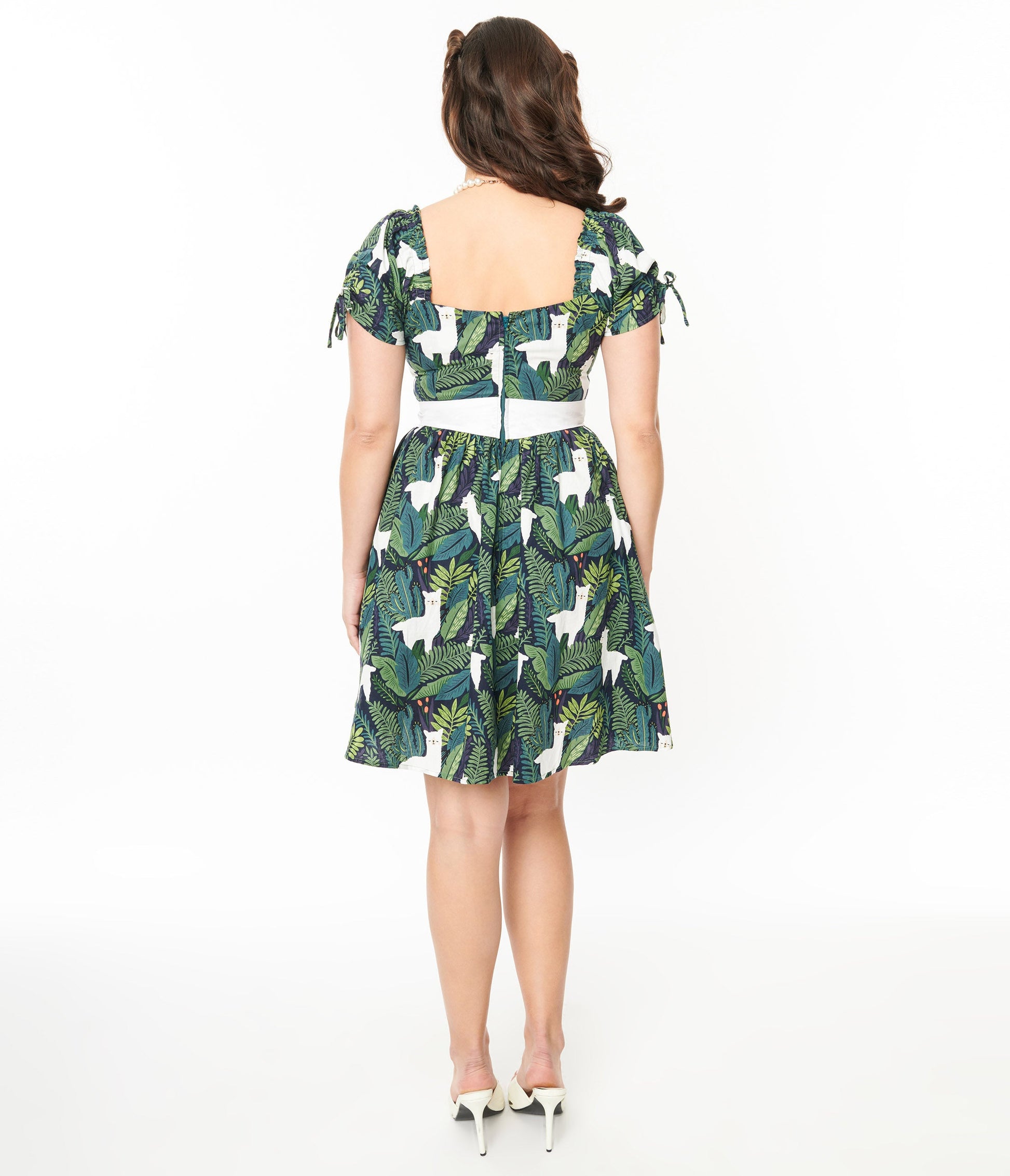 Unique Vintage 1950s Green Leaf & Llama Print Cotton Dakota Flare Dress - Unique Vintage - Womens, DRESSES, FIT AND FLARE