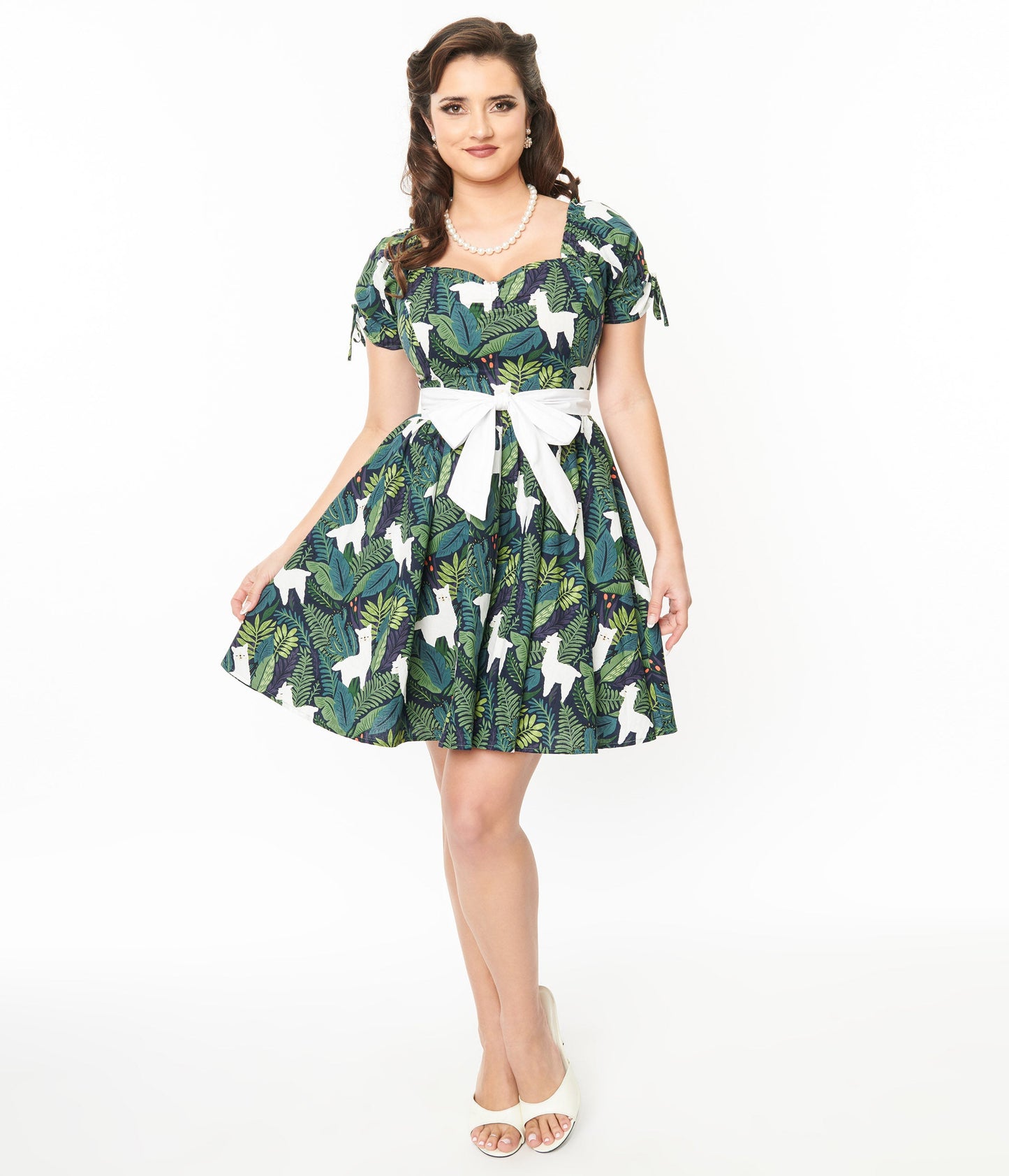 Unique Vintage 1950s Green Leaf & Llama Print Cotton Dakota Flare Dress - Unique Vintage - Womens, DRESSES, FIT AND FLARE