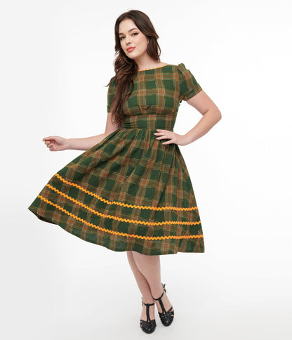 Unique Vintage 1950s Green Plaid Cotton Swing Dress - Unique Vintage - Womens, DRESSES, SWING