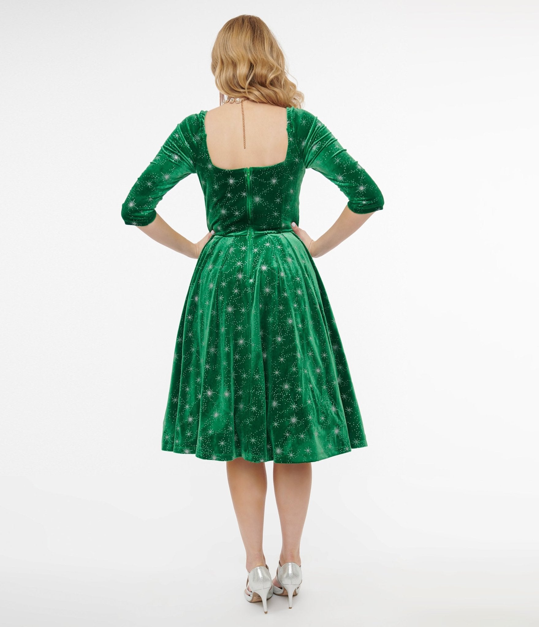 Unique Vintage 1950s Green & Silver Snowflake Velvet Lamar Swing Dress