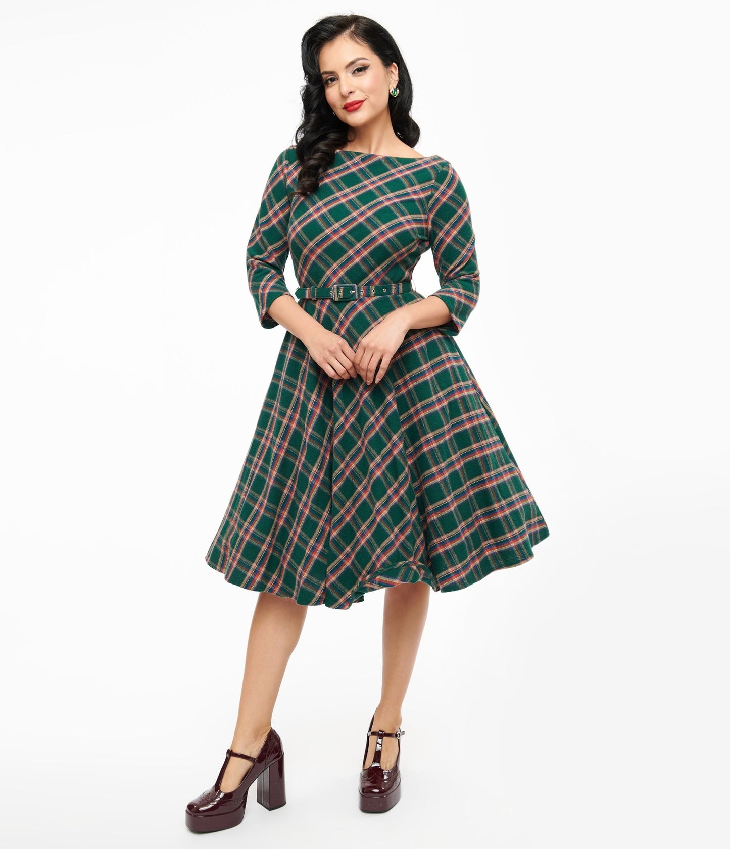 Unique Vintage 1950s Green & Tan Plaid Devon Swing Dress - Unique Vintage - Womens, DRESSES, SWING