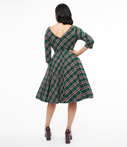 Unique Vintage 1950s Green & Tan Plaid Devon Swing Dress - Unique Vintage - Womens, DRESSES, SWING