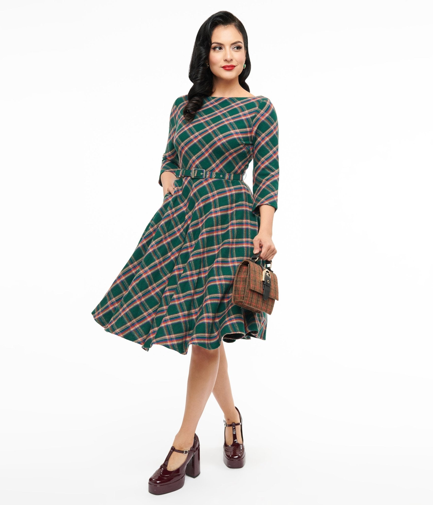 Unique Vintage 1950s Green & Tan Plaid Devon Swing Dress - Unique Vintage - Womens, DRESSES, SWING