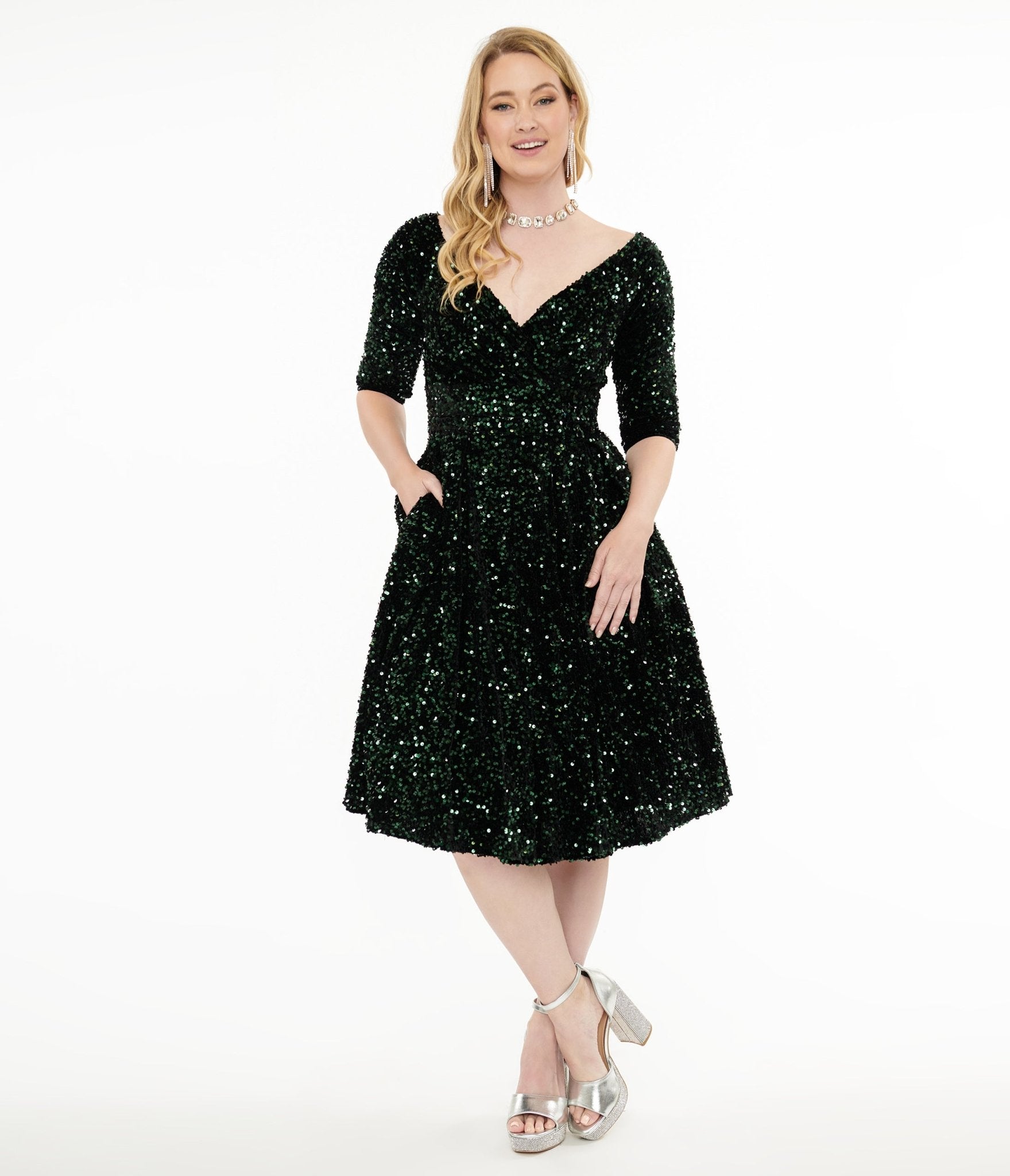 Unique Vintage 1950s Green Velvet Sequin Marceline Swing Dress - Unique Vintage - Womens, DRESSES, SWING