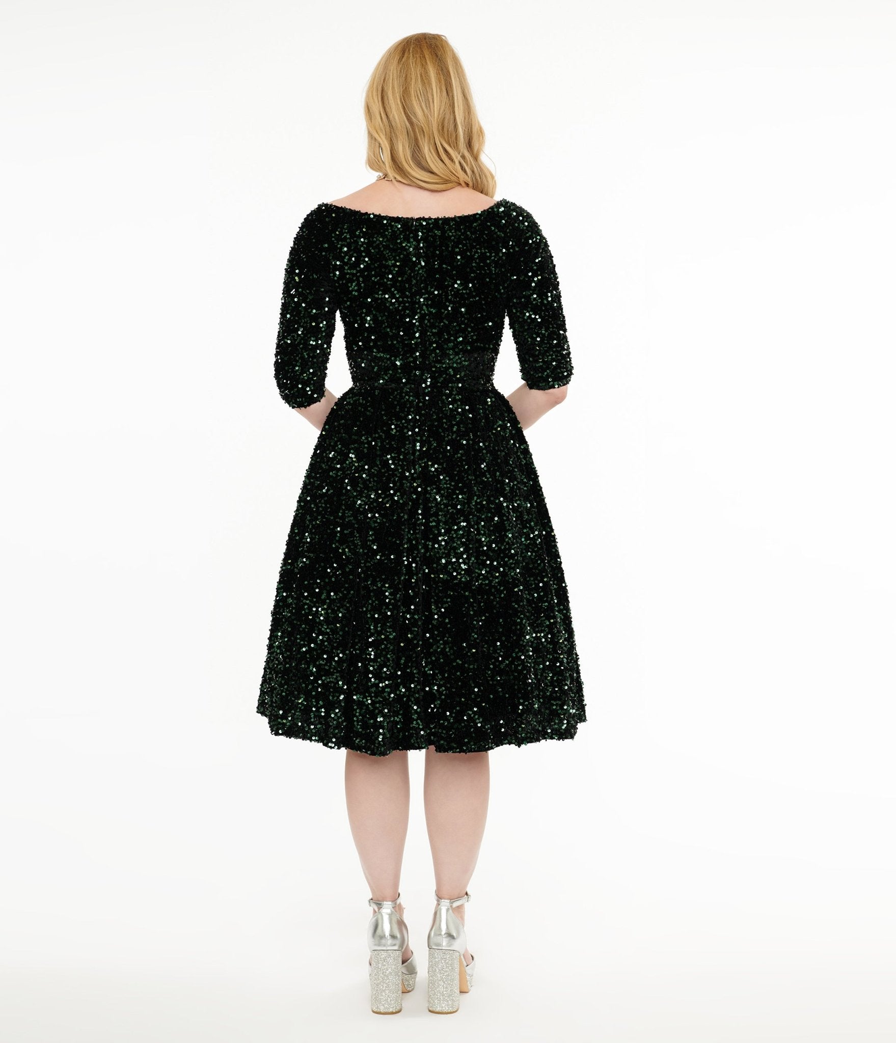 Unique Vintage 1950s Green Velvet Sequin Marceline Swing Dress - Unique Vintage - Womens, DRESSES, SWING