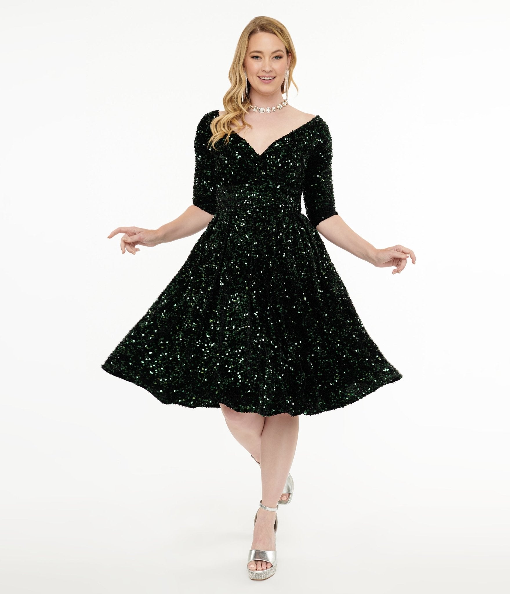 Unique Vintage 1950s Green Velvet Sequin Marceline Swing Dress - Unique Vintage - Womens, DRESSES, SWING