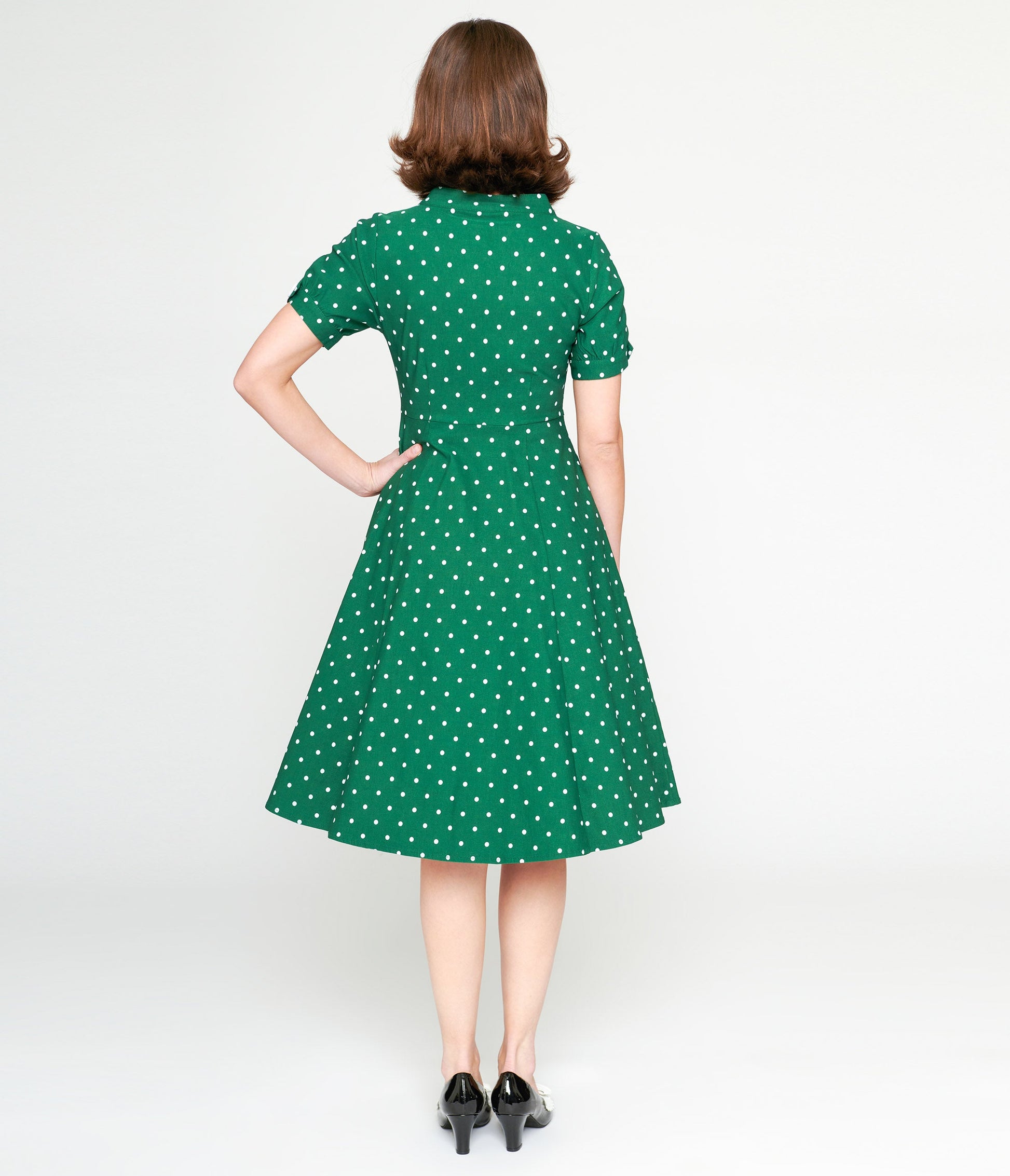 Unique Vintage 1950s Green & White Pin Dot Contrast Button Swing Dress - Unique Vintage - Womens, DRESSES, DOTMC
