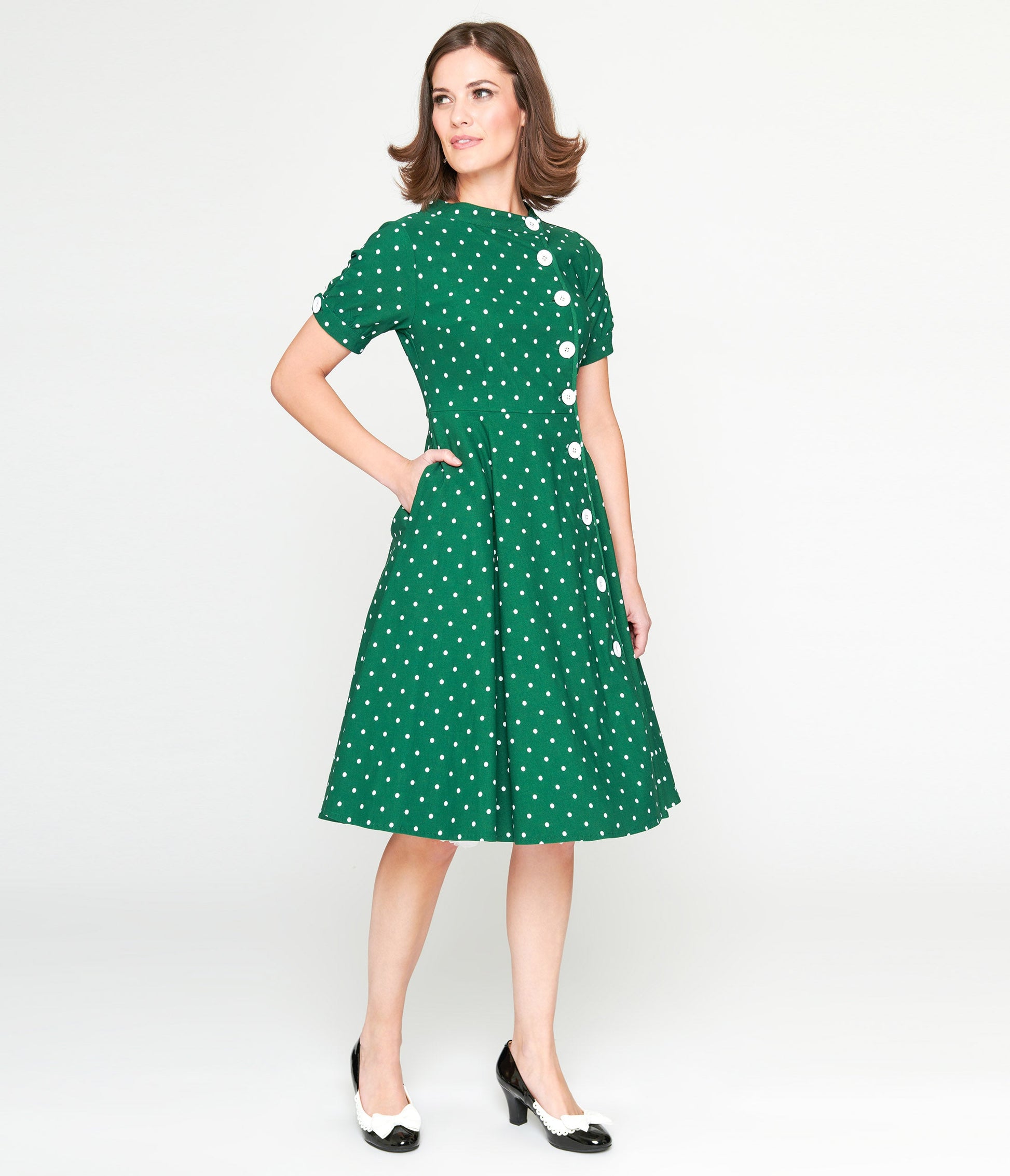 Unique Vintage 1950s Green & White Pin Dot Contrast Button Swing Dress - Unique Vintage - Womens, DRESSES, DOTMC