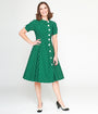 Unique Vintage 1950s Green & White Pin Dot Contrast Button Swing Dress