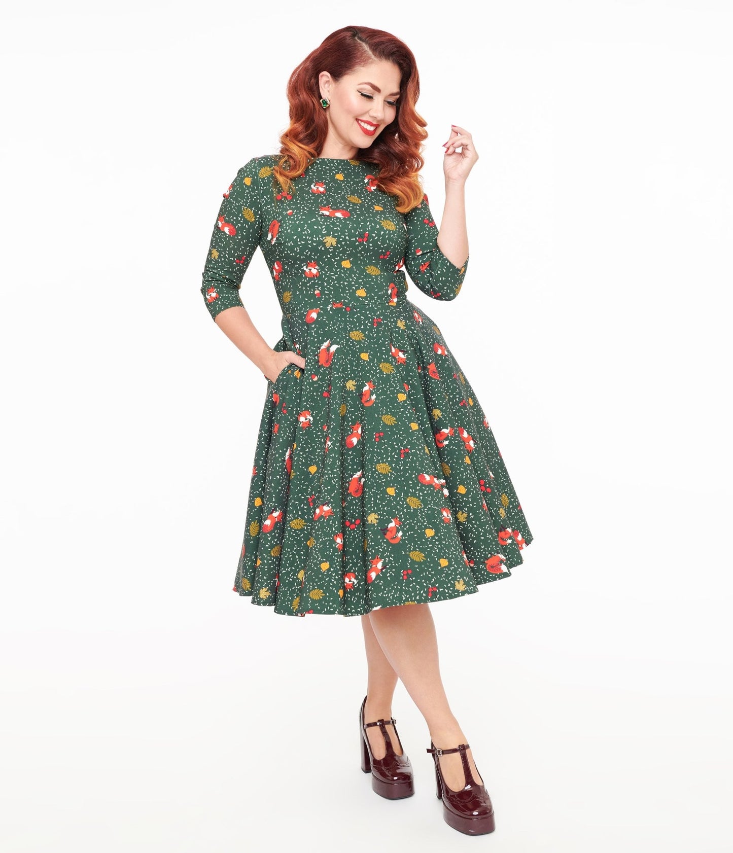 Unique Vintage 1950s Green Winter Fox Devon Swing Dress - Unique Vintage - Womens, DRESSES, SWING