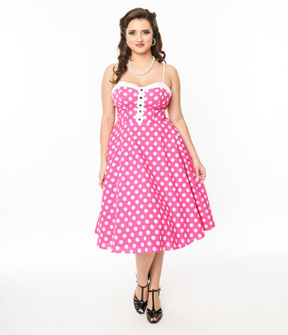 Unique Vintage 1950s Hot Pink & White Polka Dot Cotton Swing Dress - Unique Vintage - Womens, DRESSES, SWING