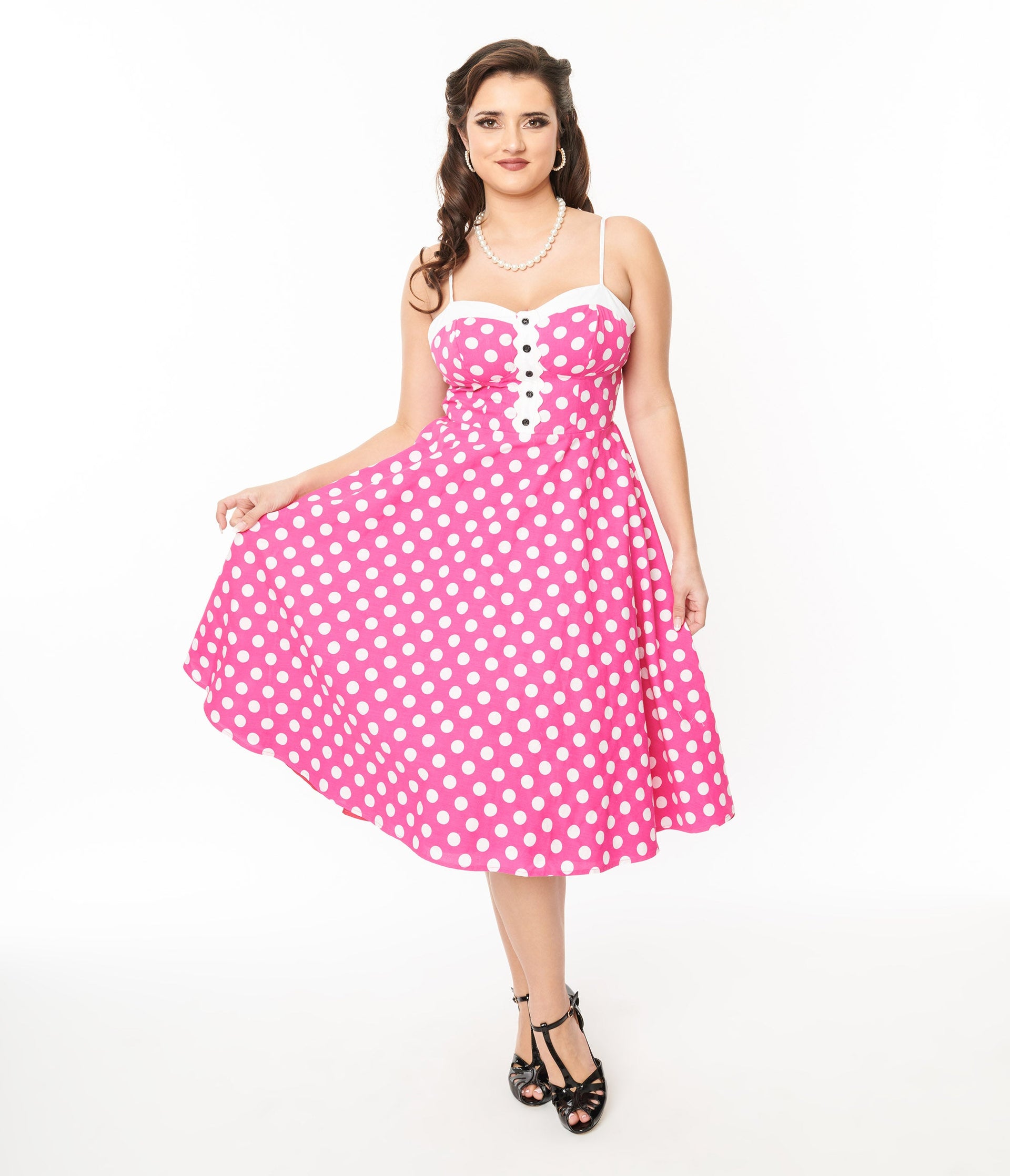 Unique Vintage 1950s Hot Pink & White Polka Dot Cotton Swing Dress - Unique Vintage - Womens, DRESSES, SWING