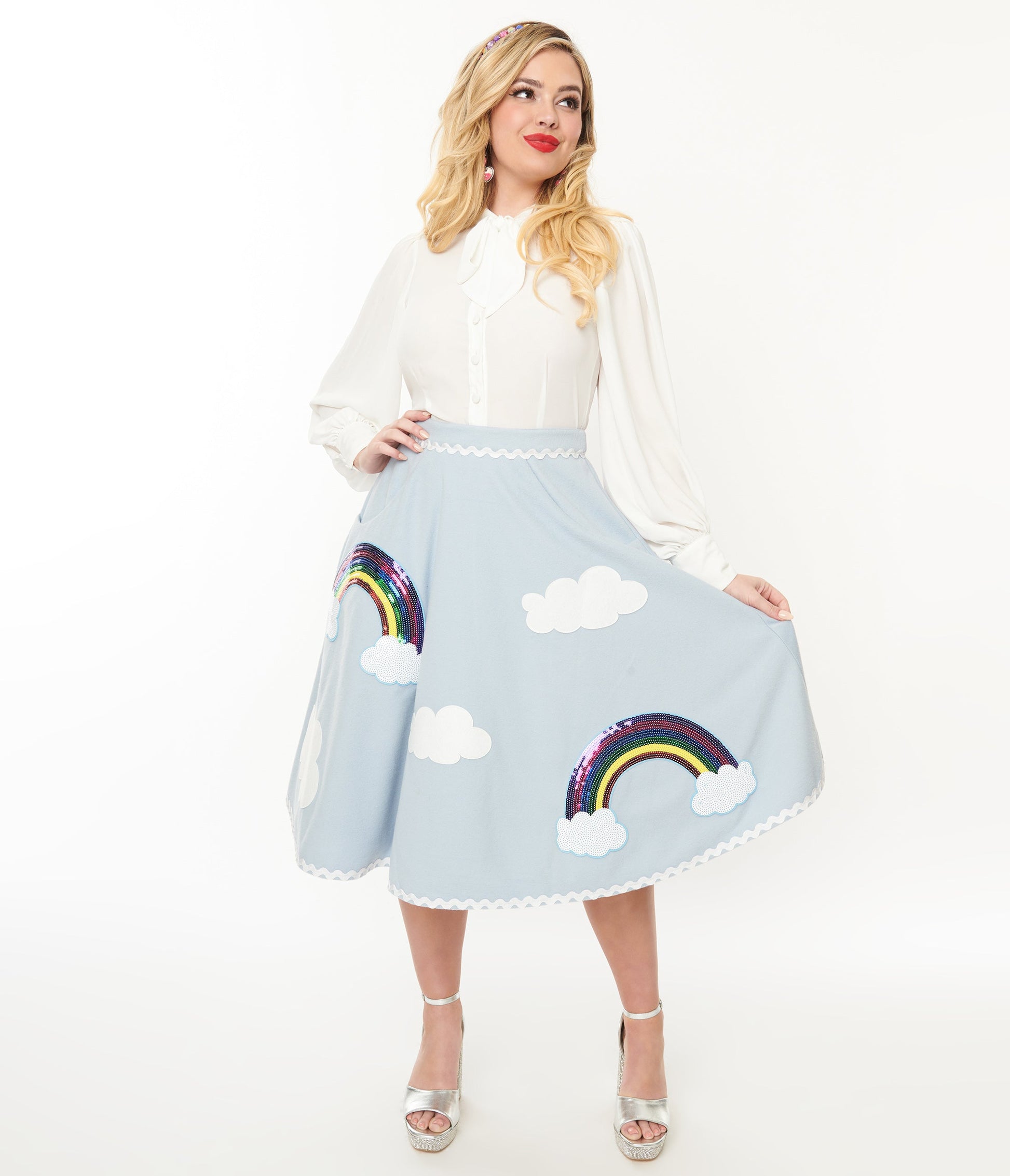 Unique Vintage 1950s Light Blue & Rainbow Sequin Soda Shop Swing Skirt - Unique Vintage - Womens, BOTTOMS, SKIRTS