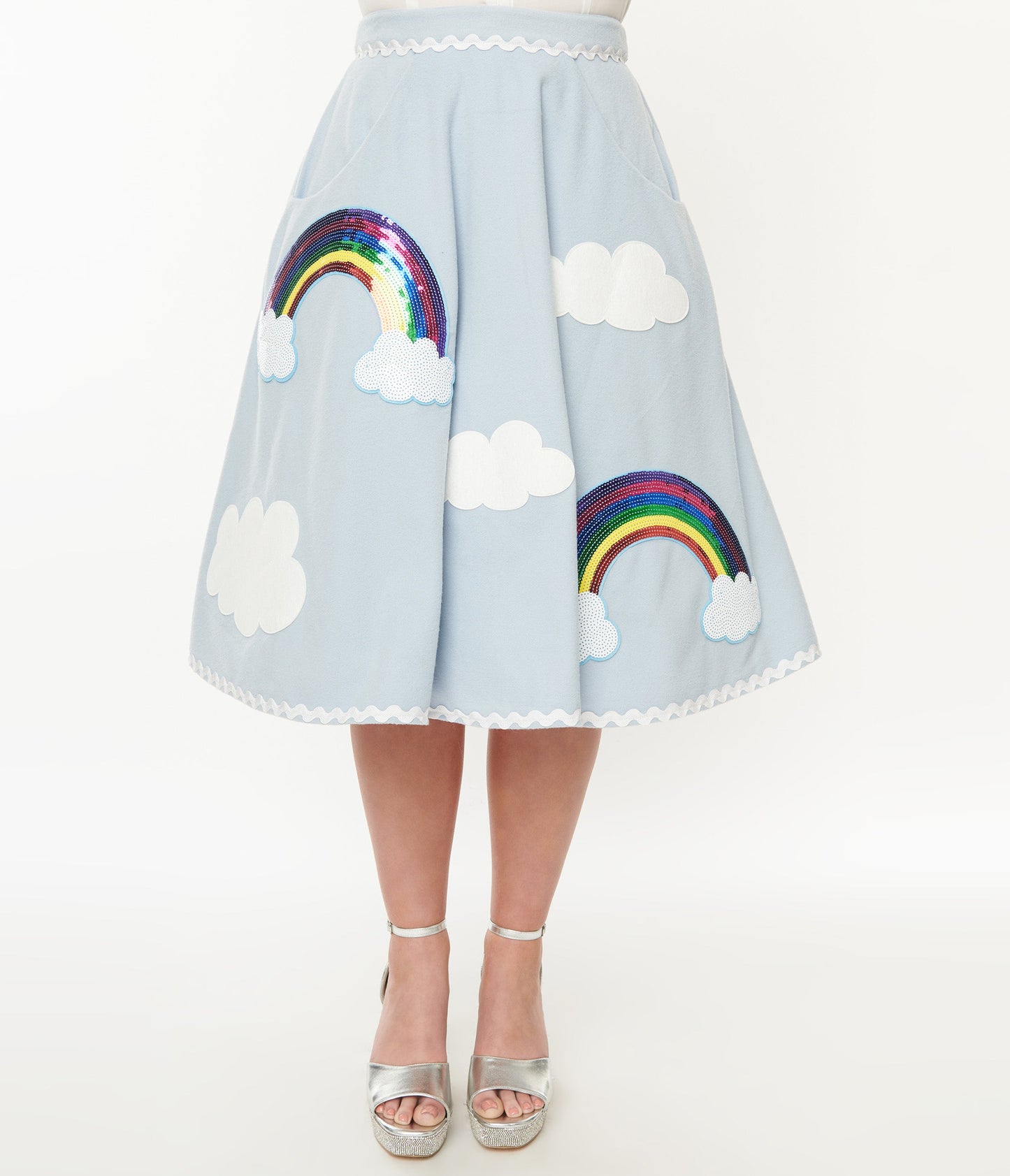 Unique Vintage 1950s Light Blue & Rainbow Sequin Soda Shop Swing Skirt - Unique Vintage - Womens, BOTTOMS, SKIRTS