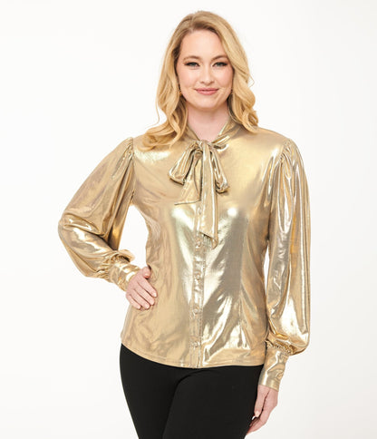 Unique Vintage 1950s Metallic Gold Gwen Blouse - Unique Vintage - Womens, TOPS, WOVEN TOPS