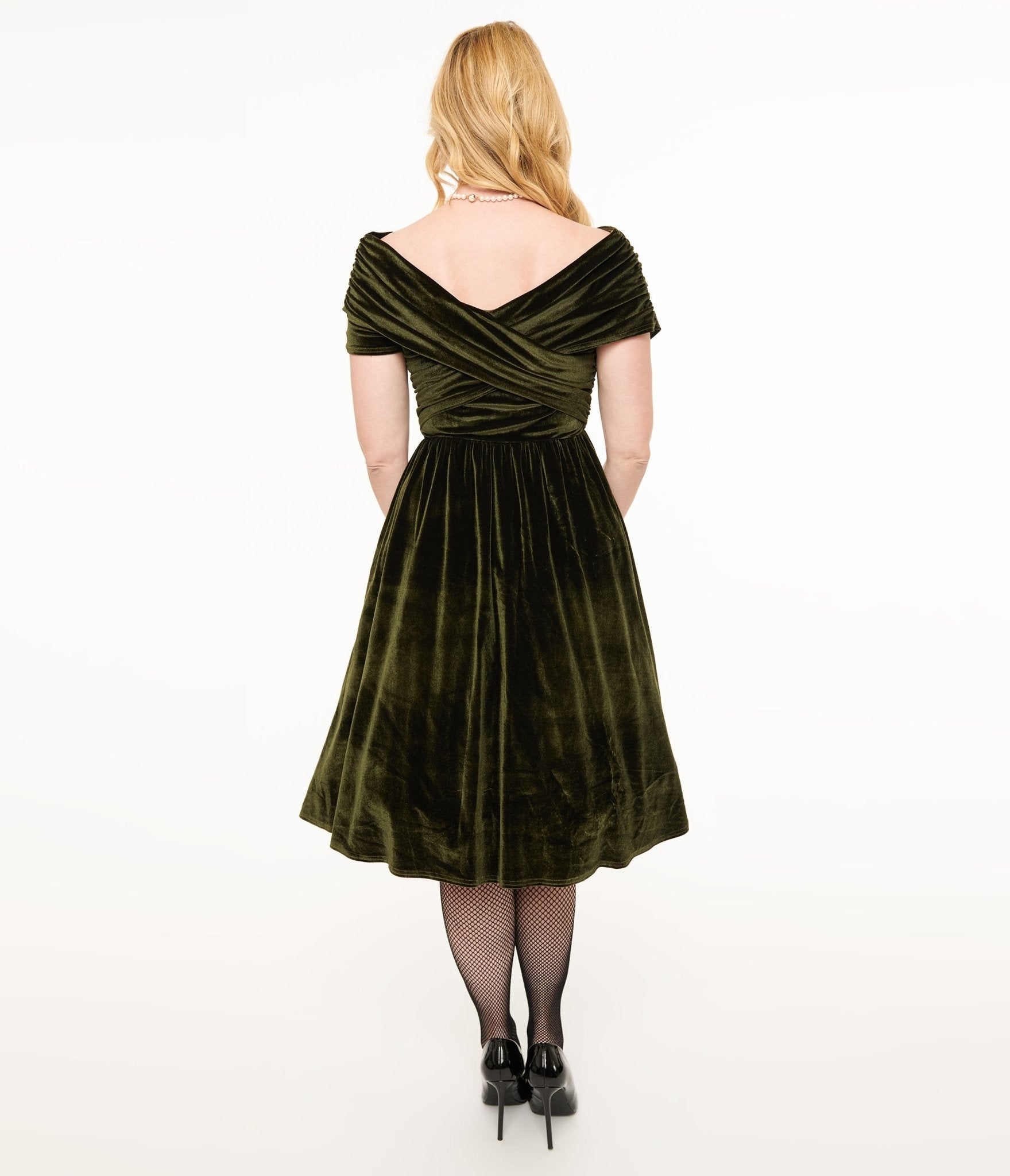 Unique Vintage 1950s Olive Green Shirred Velvet Swing Dress - Unique Vintage - Womens, DRESSES, SWING