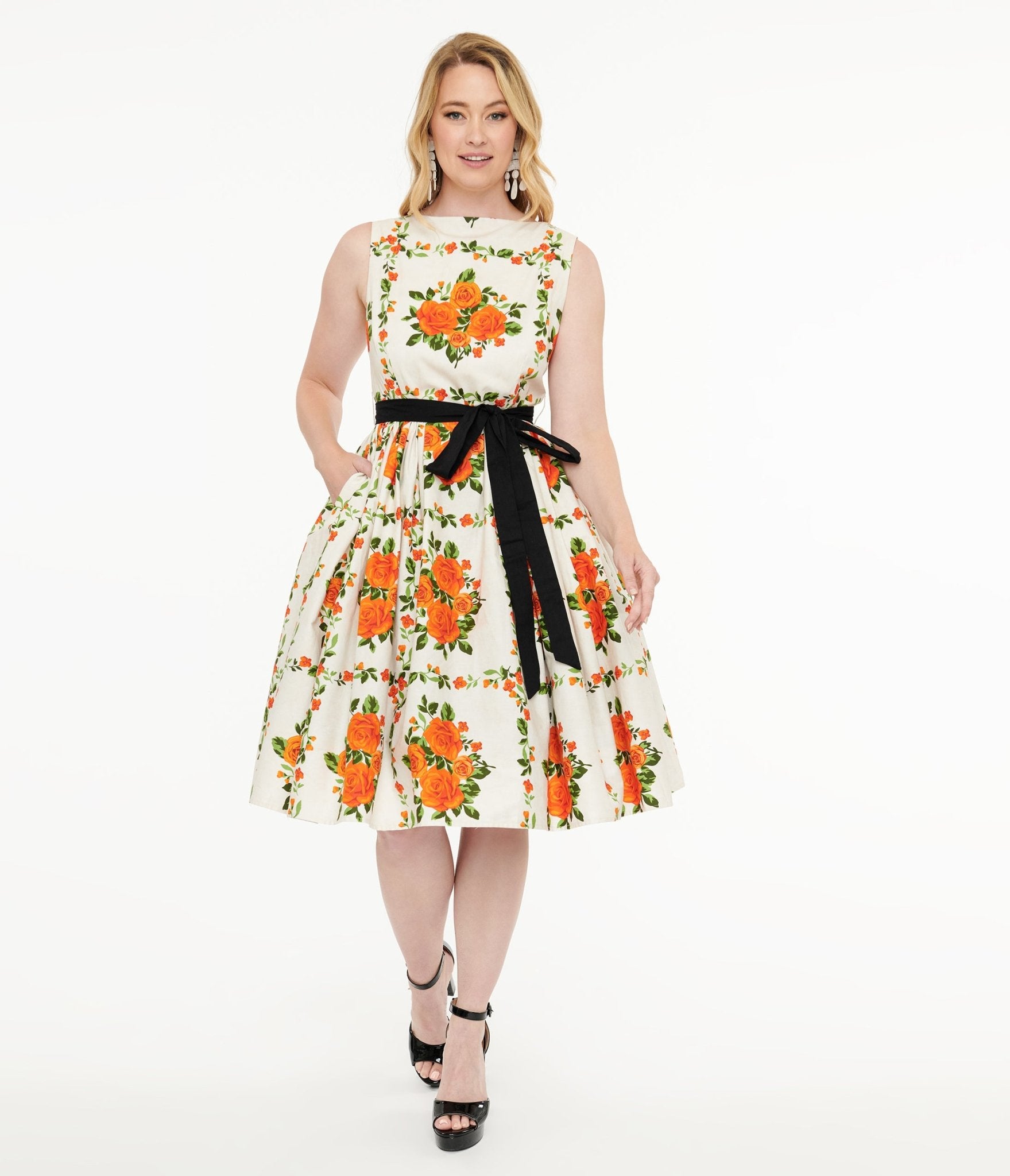 Unique Vintage 1950s Orange Fall Floral Sleeveless Swing Dress