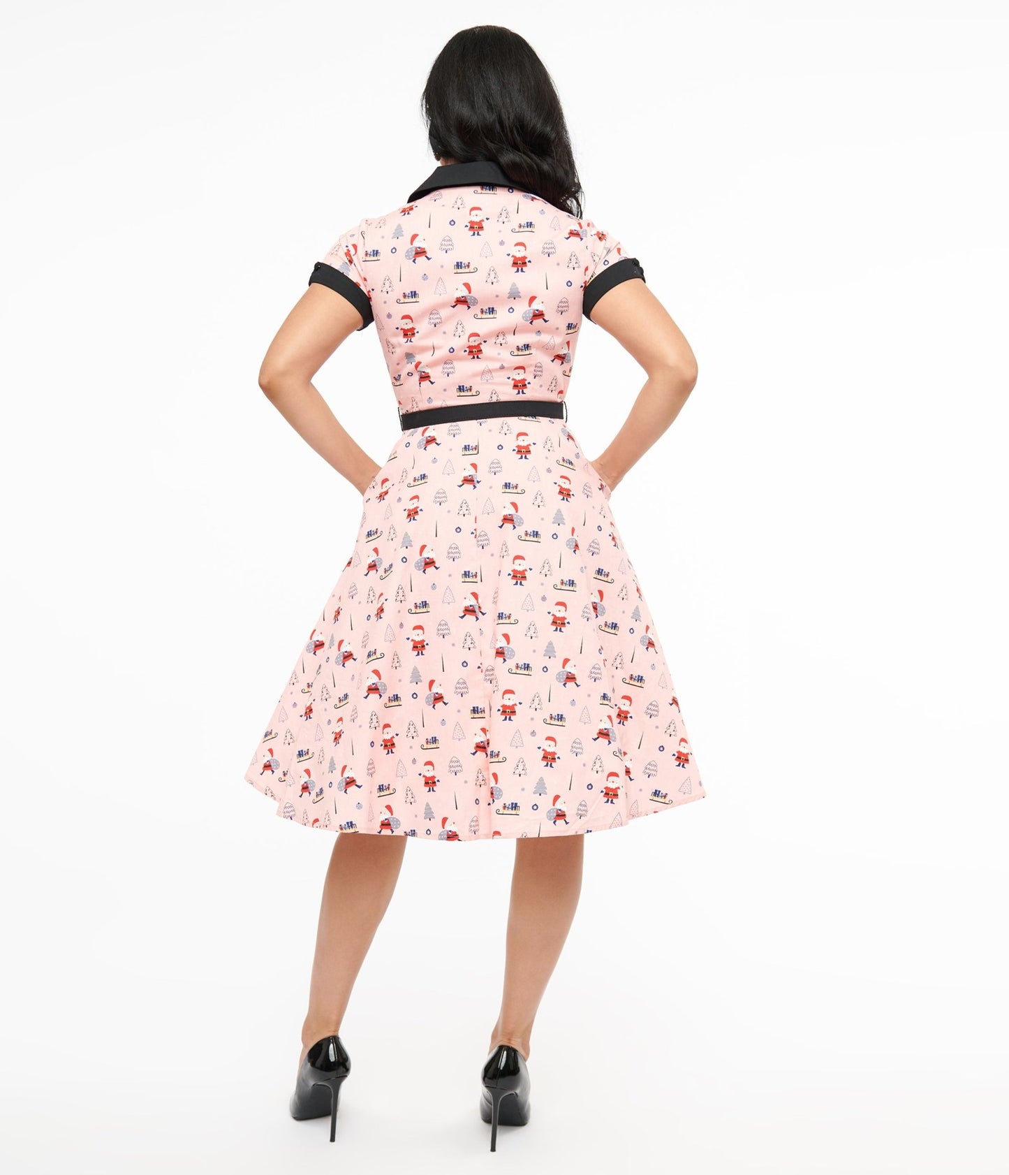 Unique Vintage 1950s Pink Santa Print Alexis Swing Dress - Unique Vintage - Womens, DRESSES, SWING