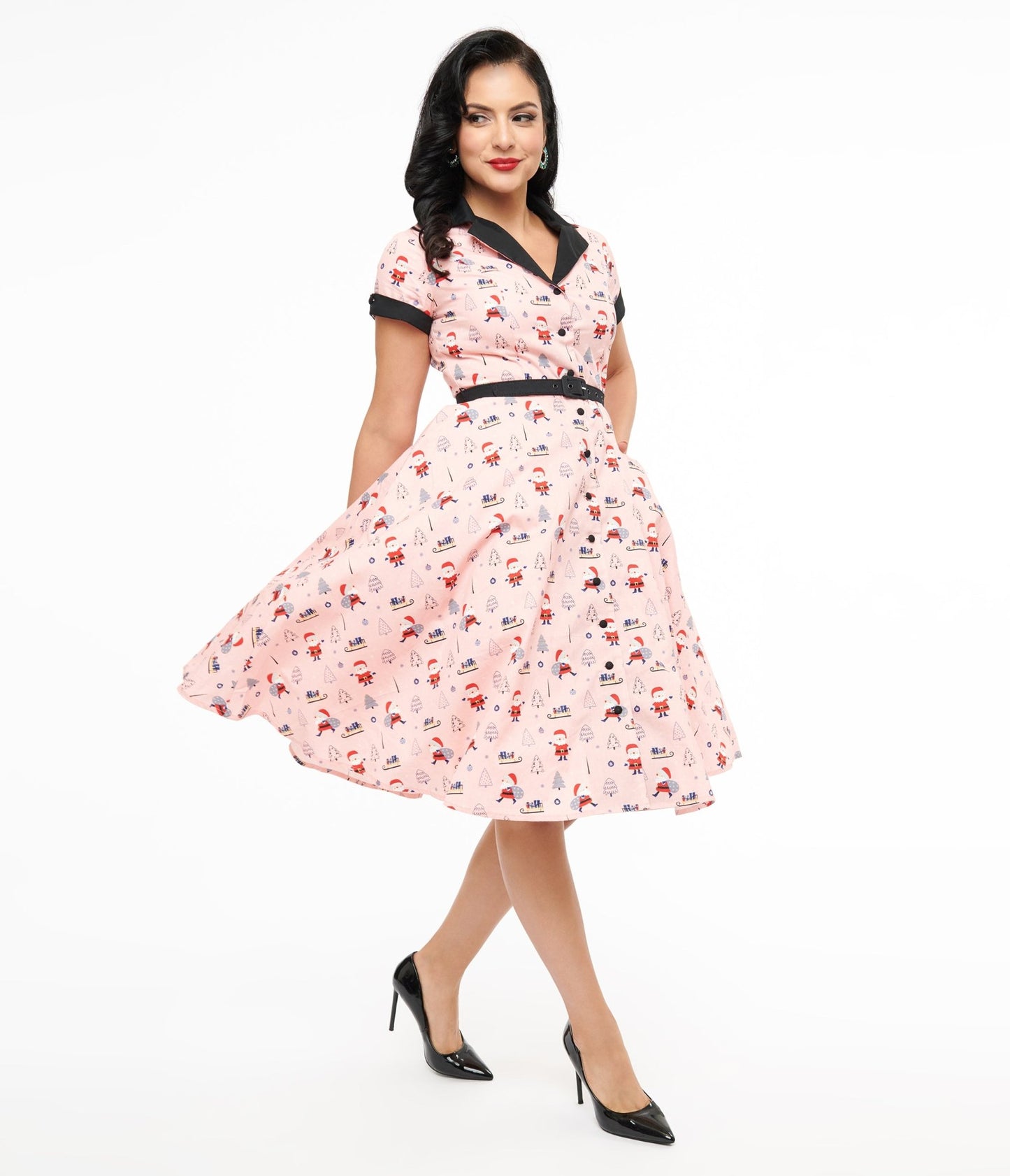 Unique Vintage 1950s Pink Santa Print Alexis Swing Dress - Unique Vintage - Womens, DRESSES, SWING