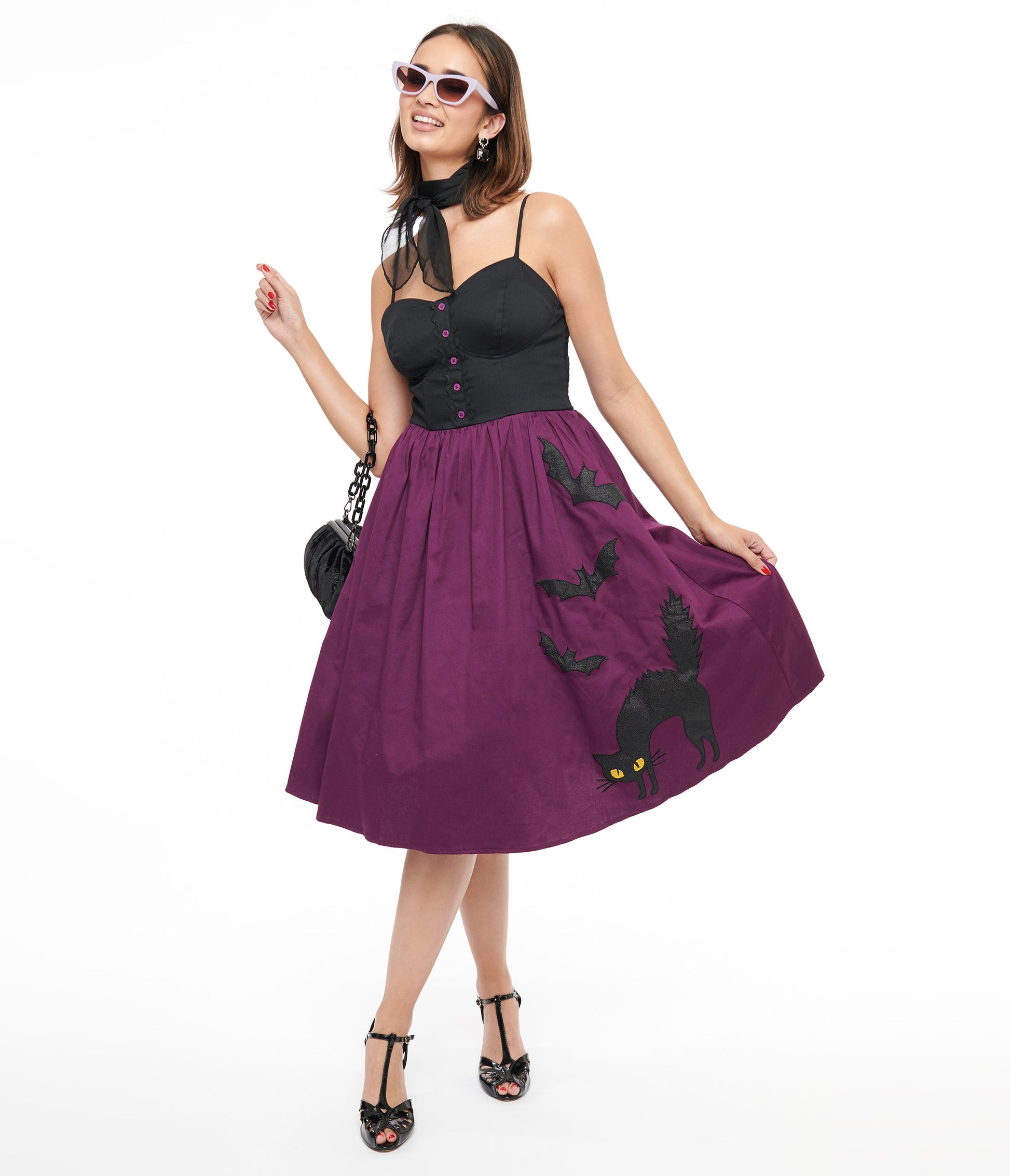 Unique Vintage 1950s Purple & Black Glitter Cat Swing Dress - Unique Vintage - Womens, HALLOWEEN, DRESSES