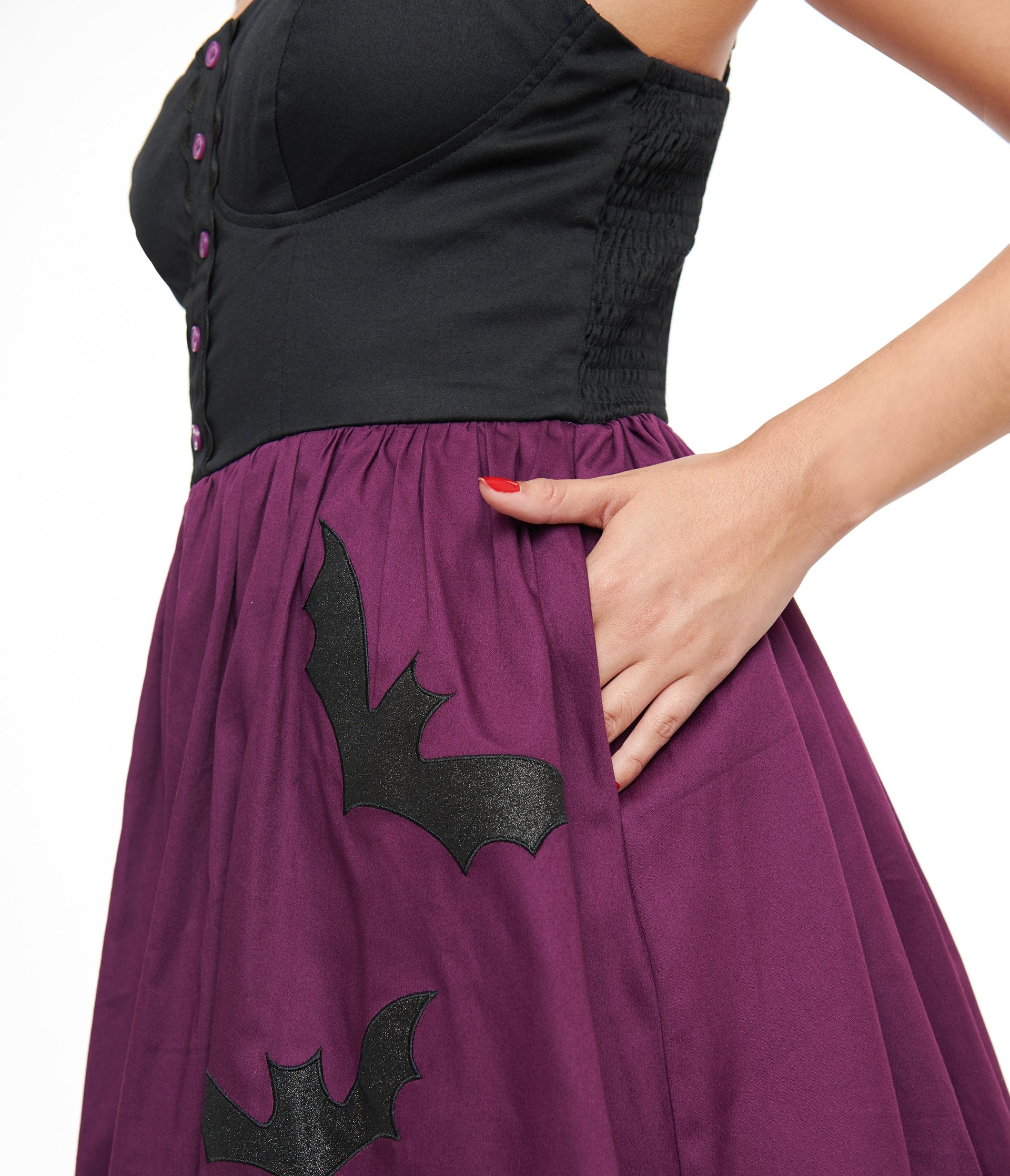 Unique Vintage 1950s Purple & Black Glitter Cat Swing Dress - Unique Vintage - Womens, HALLOWEEN, DRESSES