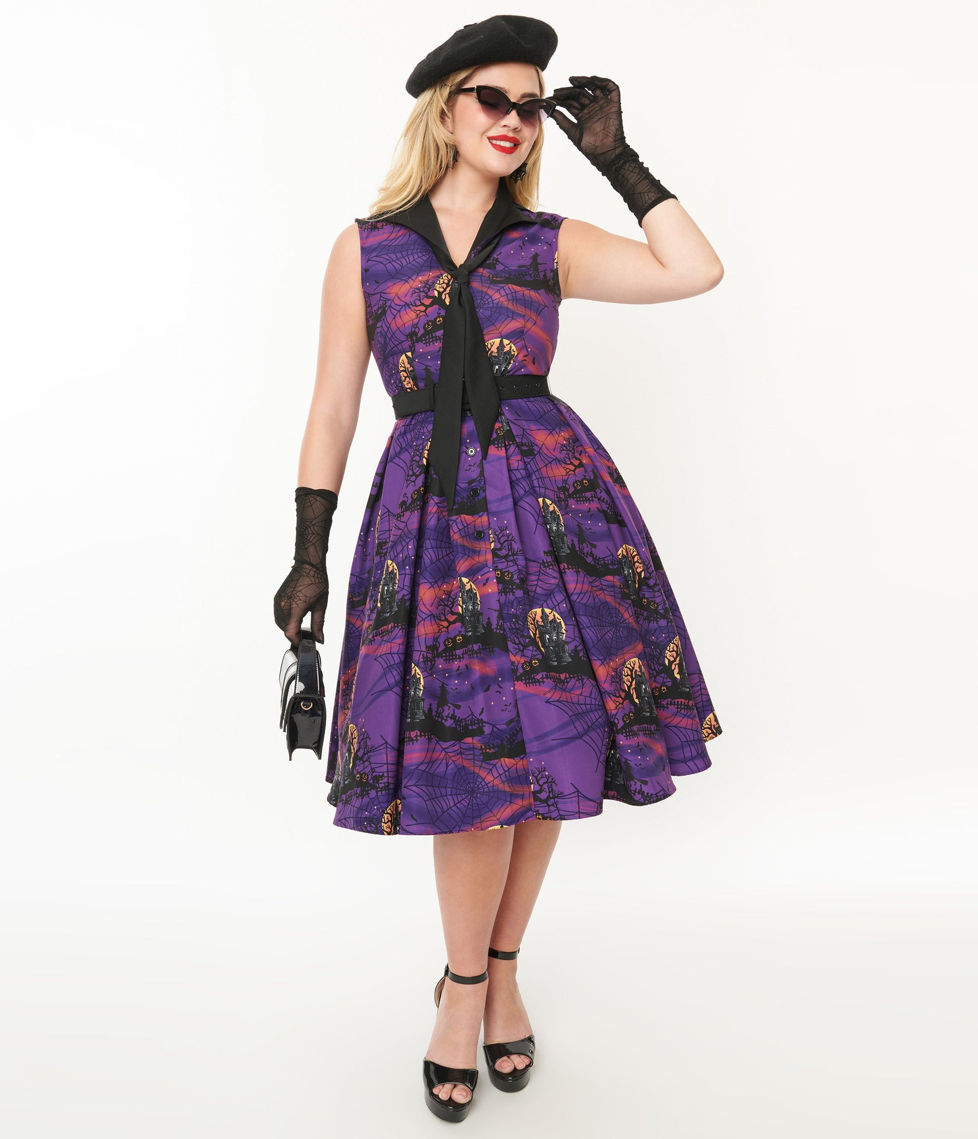 Unique Vintage 1950s Purple Halloween Print Edith Swing Dress - Unique Vintage - Womens, HALLOWEEN, DRESSES