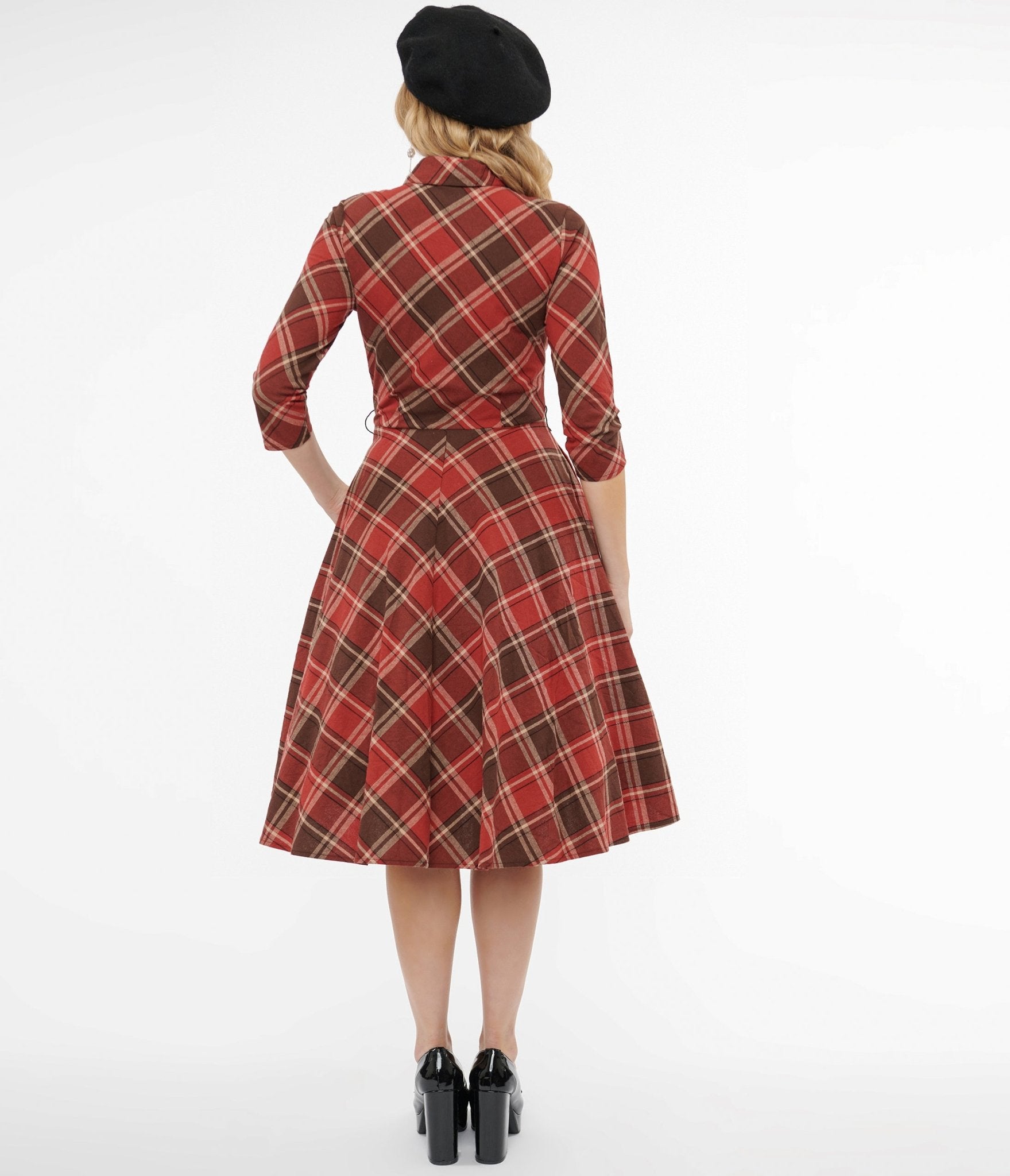 Unique Vintage 1950s Red & Brown Bias Plaid Swing Dress - Unique Vintage - Womens, DRESSES, SWING