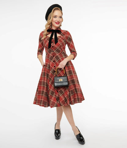 Unique Vintage 1950s Red & Brown Bias Plaid Swing Dress - Unique Vintage - Womens, DRESSES, SWING