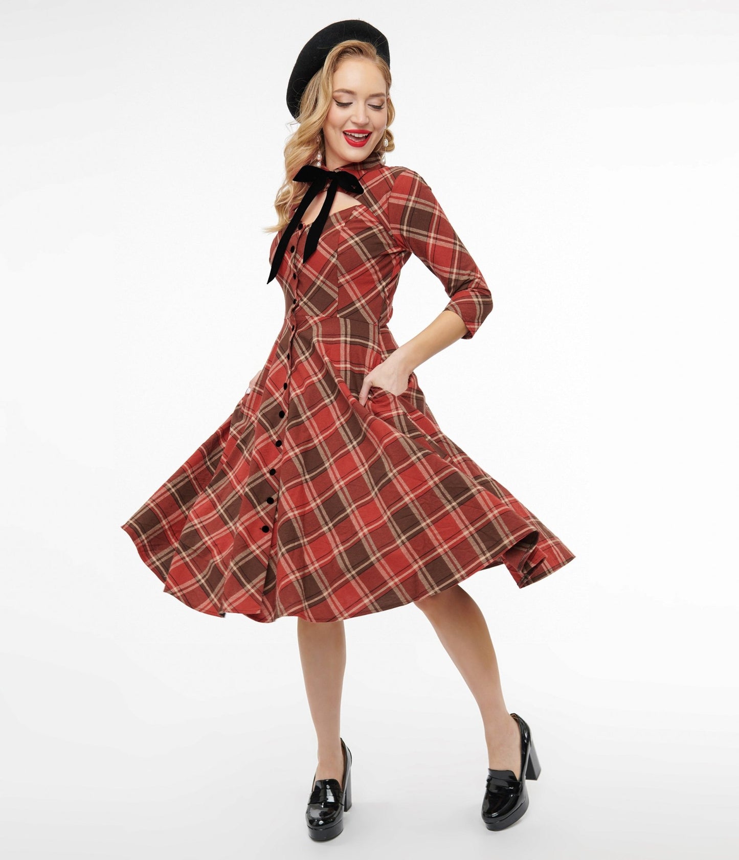 Unique Vintage 1950s Red & Brown Bias Plaid Swing Dress - Unique Vintage - Womens, DRESSES, SWING