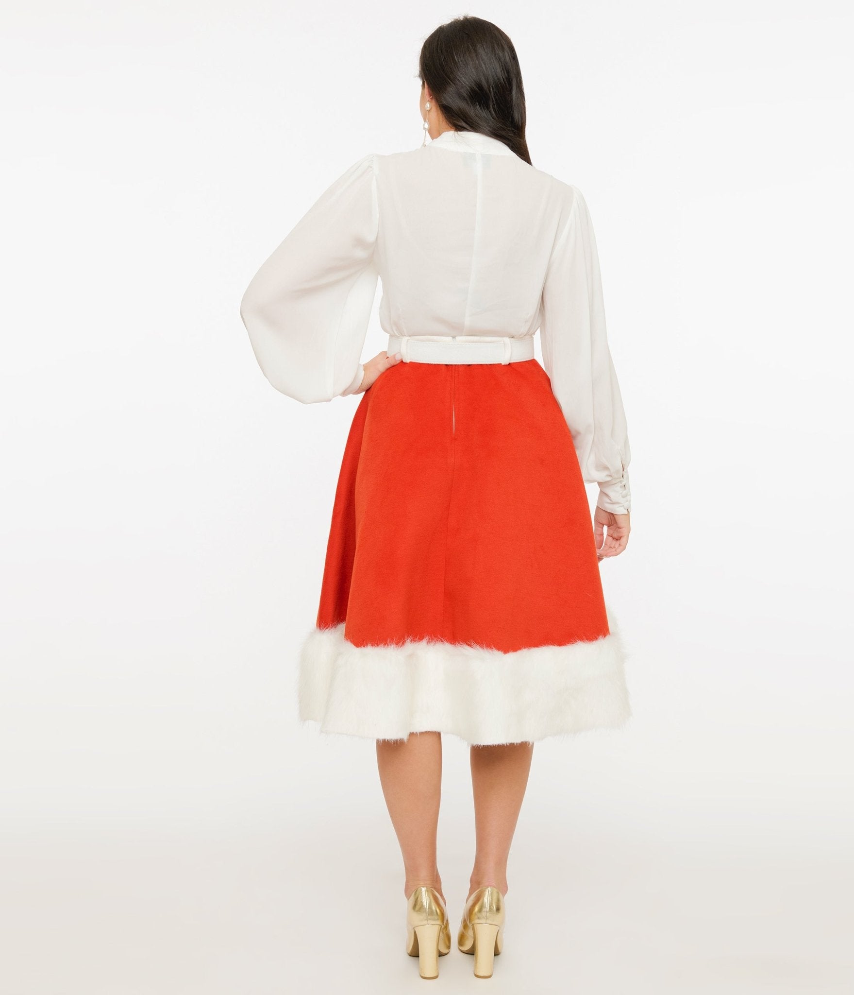 Unique Vintage 1950s Red Felt & White Fur Snowflake Soda Shop Swing Skirt - Unique Vintage - Womens, BOTTOMS, SKIRTS