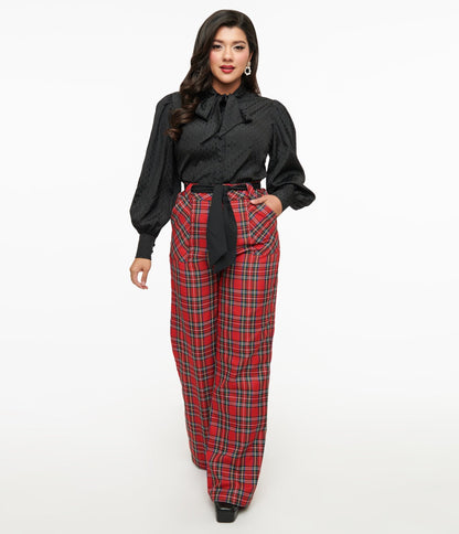 Unique Vintage 1950s Red Plaid Wide Leg Trousers - Unique Vintage - Womens, BOTTOMS, PANTS