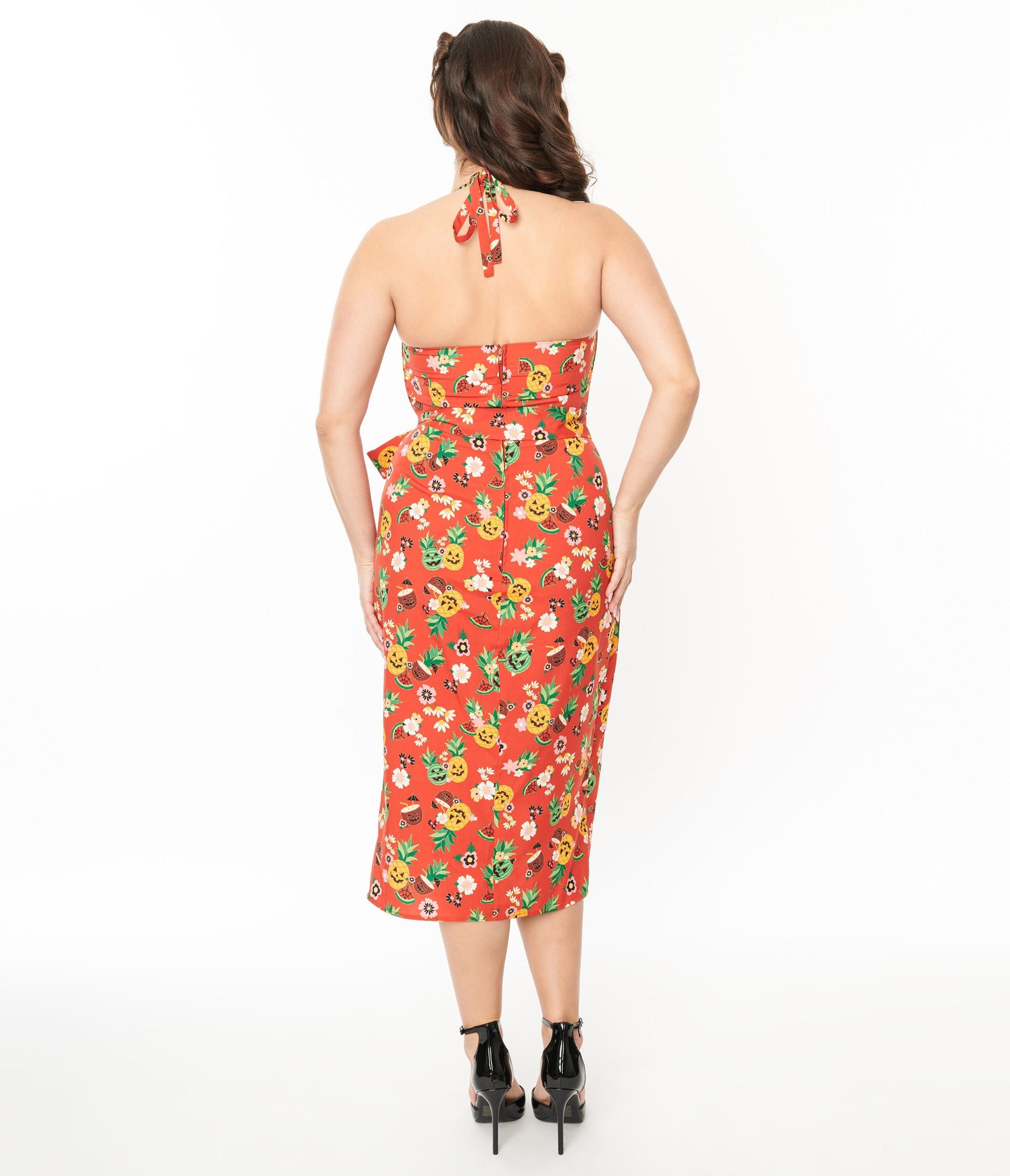 Unique Vintage 1950s Rust & June-O-Ween Fruit Print Leilani Sarong Dress - Unique Vintage - Womens, DRESSES, WIGGLE