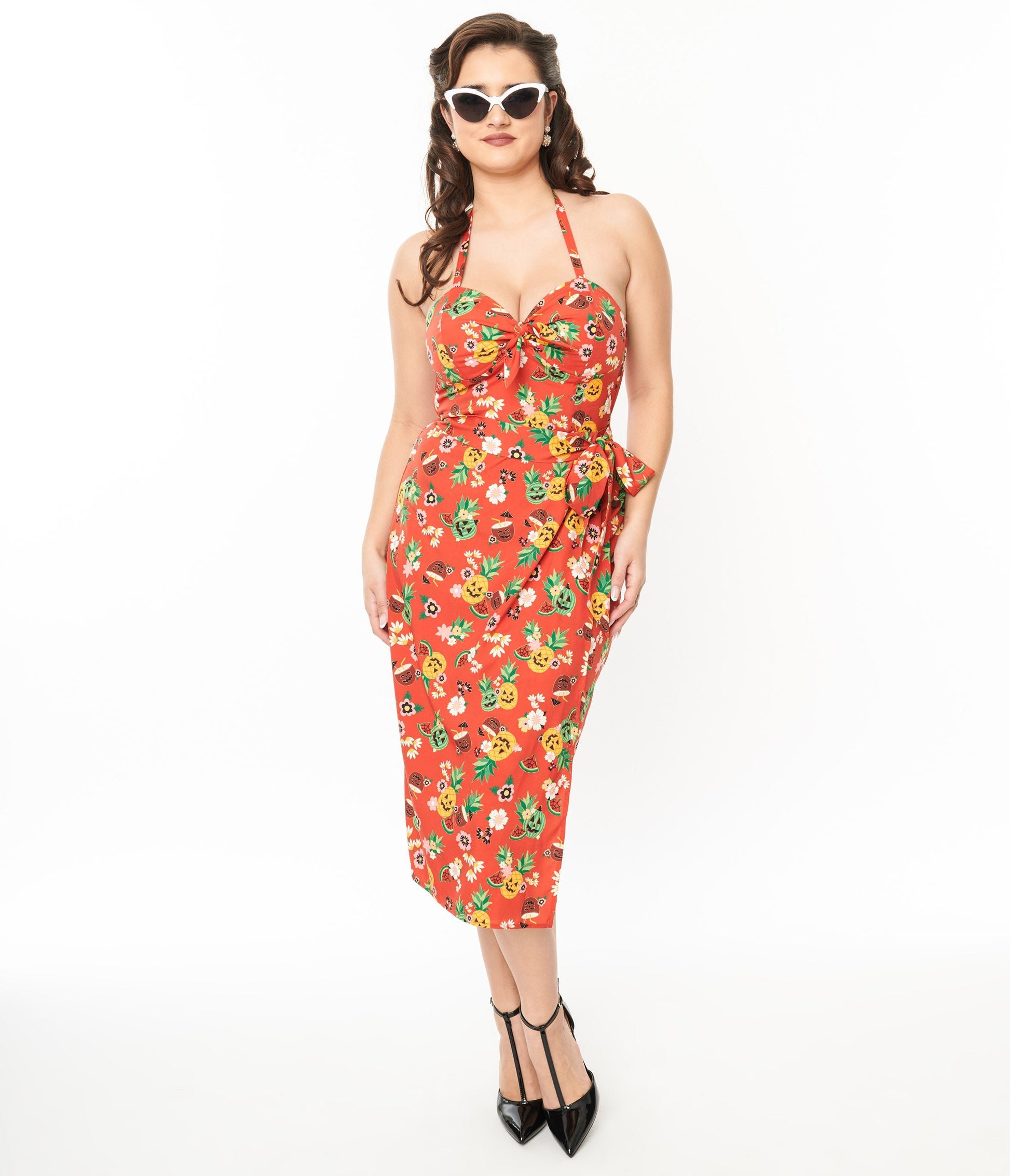 Unique Vintage 1950s Rust & June-O-Ween Fruit Print Leilani Sarong Dress - Unique Vintage - Womens, DRESSES, WIGGLE