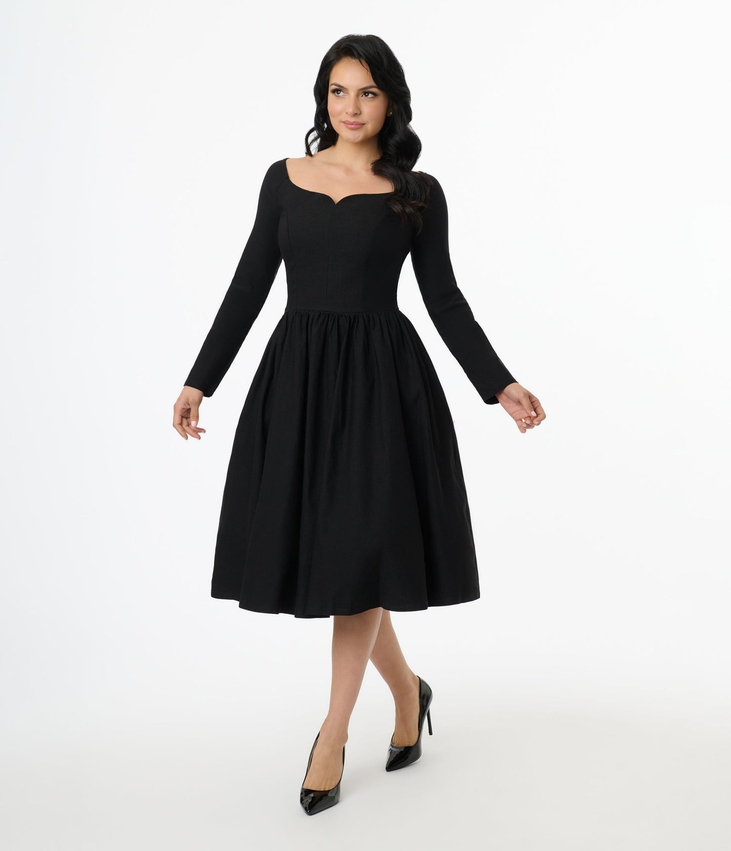 Unique Vintage 1950s Solid Black Sweetheart Swing Dress - Unique Vintage - Womens, DRESSES, SWING