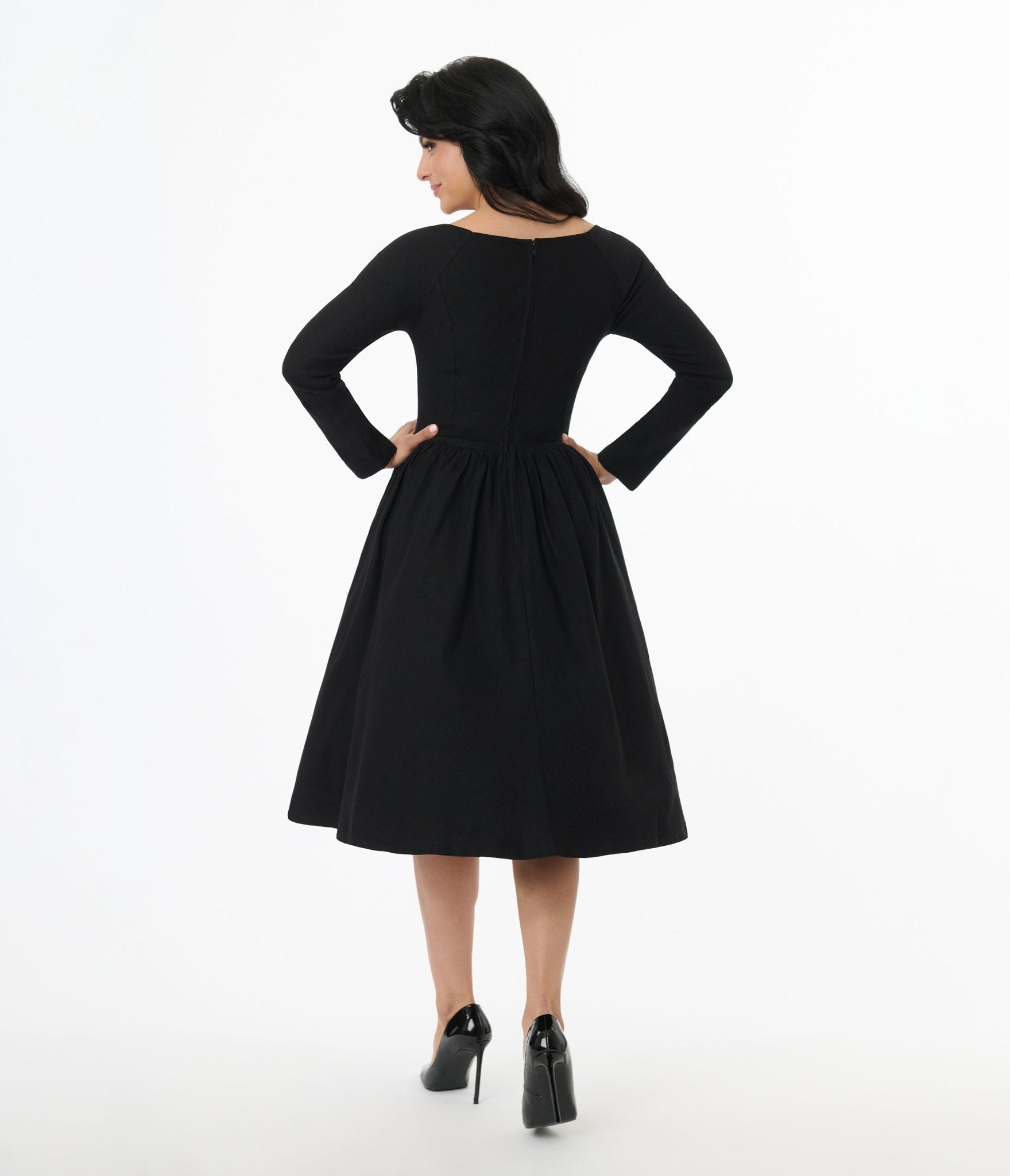 Unique Vintage 1950s Solid Black Sweetheart Swing Dress - Unique Vintage - Womens, DRESSES, SWING